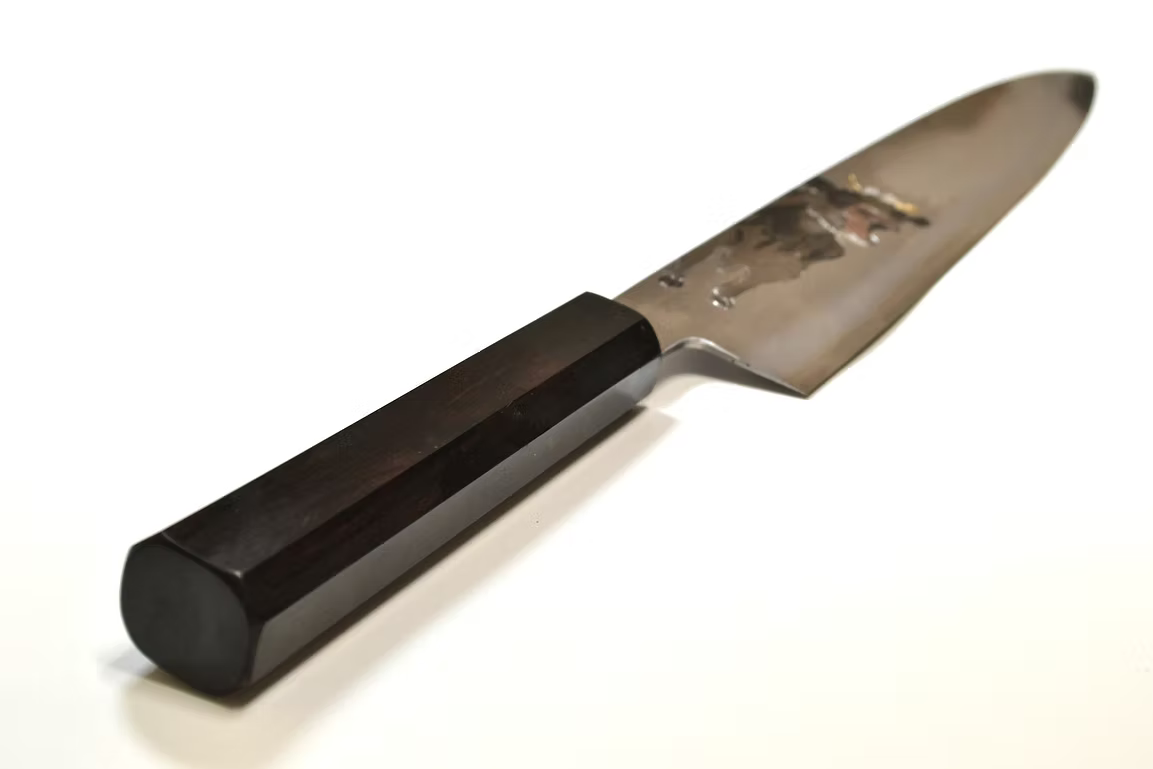 Sakai Takayuki Metal Decorated Engraving by Kubota Dairy Cow Silver Steel No.3 Gyuto 240mm Ebony Wood (ferrule: Black Water Buffalo Horn And Silver Ring) Handle