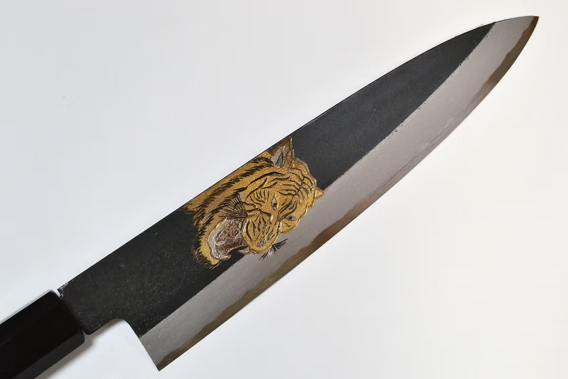 Sakai Takayuki Metal Decorated Engraving by Kubota Tiger’s Roar White Steel No.2 Black Finished Gyuto 210mm Ebony Wood (ferrule: Black Water Buffalo Horn And Silver Ring) Handle