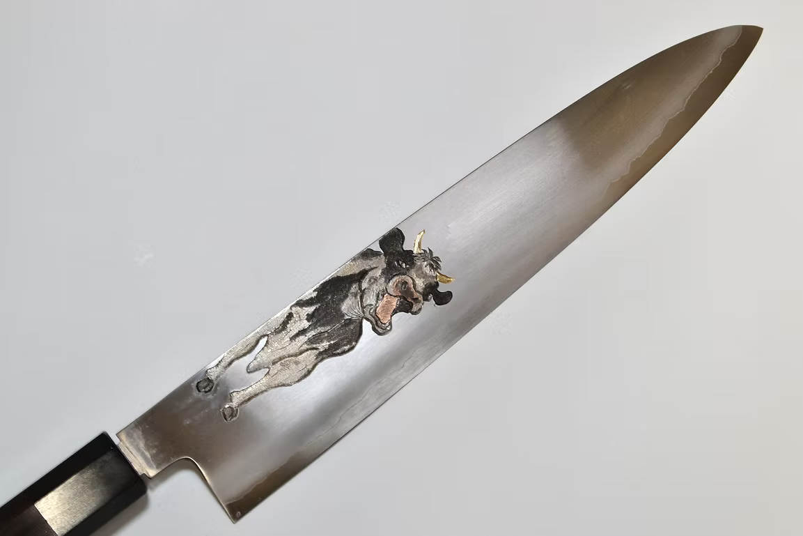 Sakai Takayuki Metal Decorated Engraving by Kubota Dairy Cow Silver Steel No.3 Gyuto 240mm Ebony Wood (ferrule: Black Water Buffalo Horn And Silver Ring) Handle