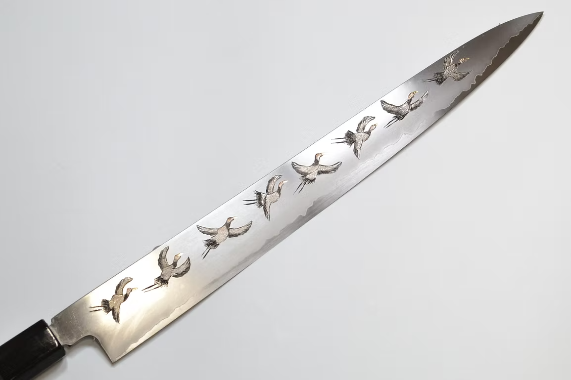 Sakai Takayuki Metal Decorated Engraving by Kubota Flock of cranes Silver Steel No.3 Sujihiki 270mm Ebony Wood (ferrule: Black Water Buffalo Horn And Silver Ring) Handle