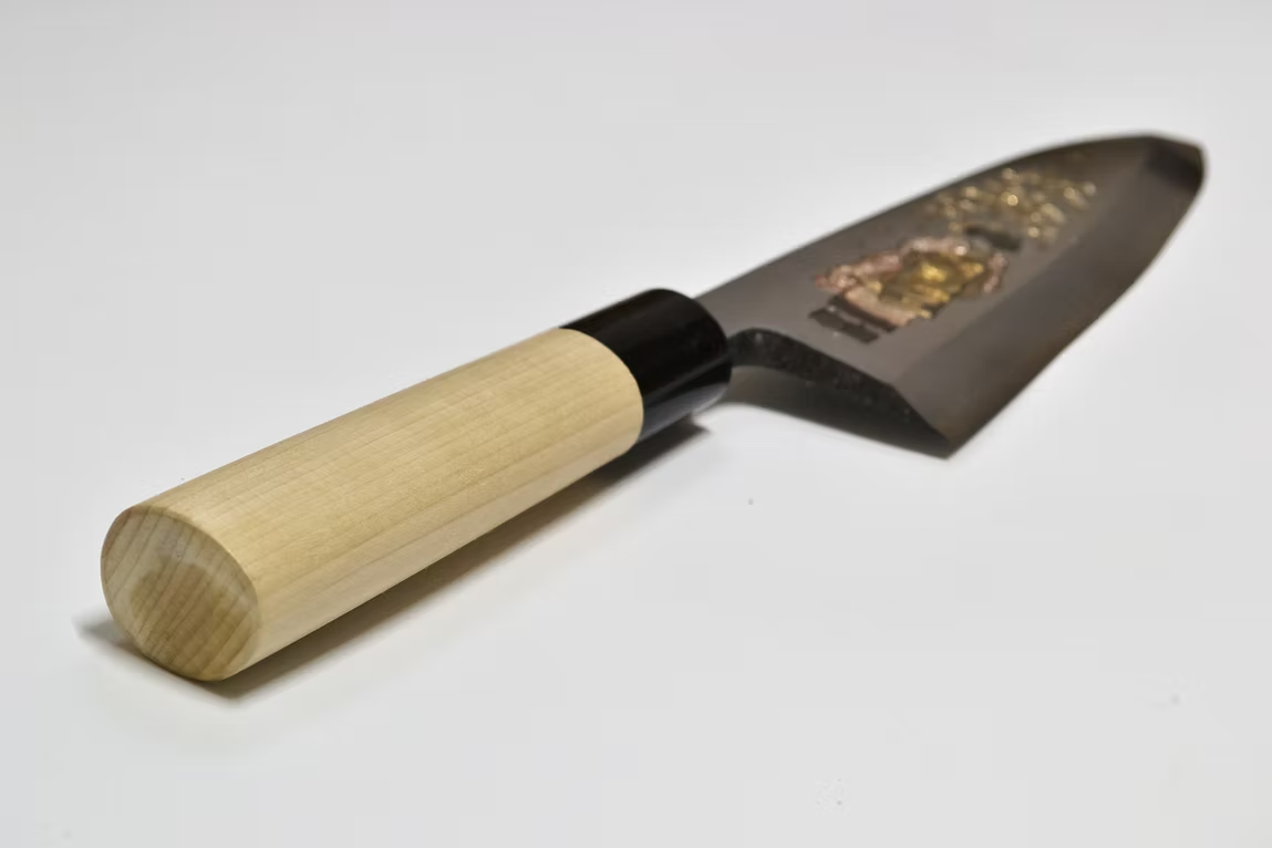 Sakai Takayuki Metal Decorated Engraving by Kubota Maiko and Sakura White Steel Kasumitogi Deba 240mm Magnolia (Ferrule: Water Buffalo Horn) Handle