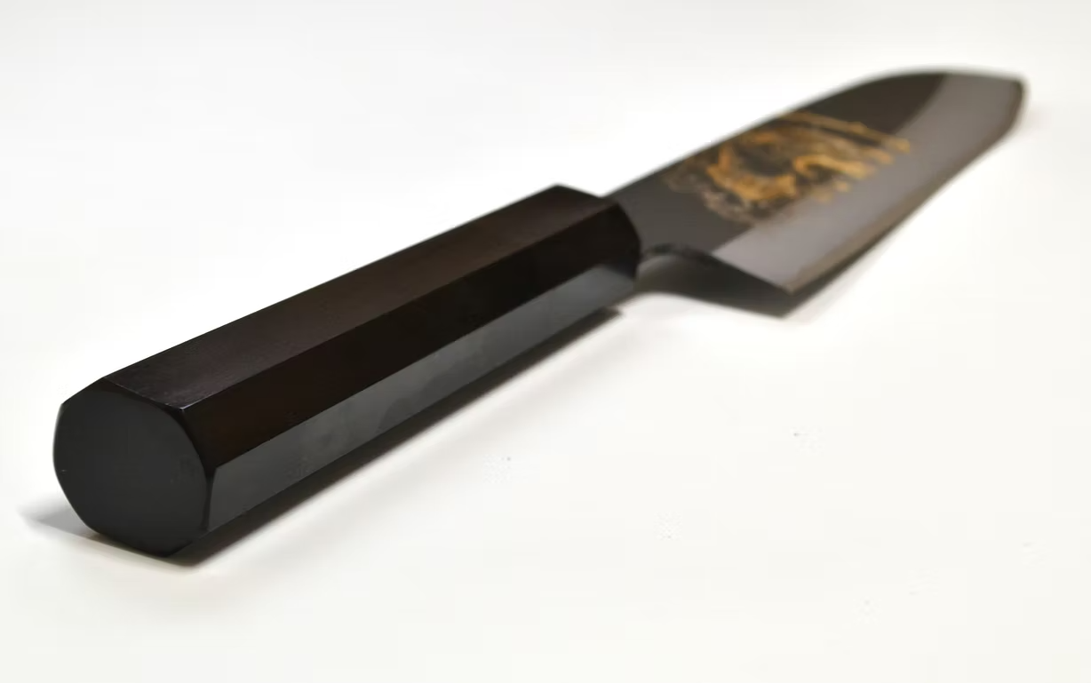 Sakai Takayuki Gold Filled Engraving by Kubota Raijin White Steel No.2 Black Finished Santoku 180mm Ebony Wood (ferrule: Black Water Buffalo Horn And Silver Ring) Handle