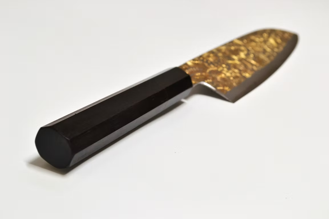 Sakai Takayuki Gold Filled Engraving by Kubota Mandala Silver Steel No.3 Santoku 180mm Ebony Wood (ferrule: Black Water Buffalo Horn And Silver Ring) Handle