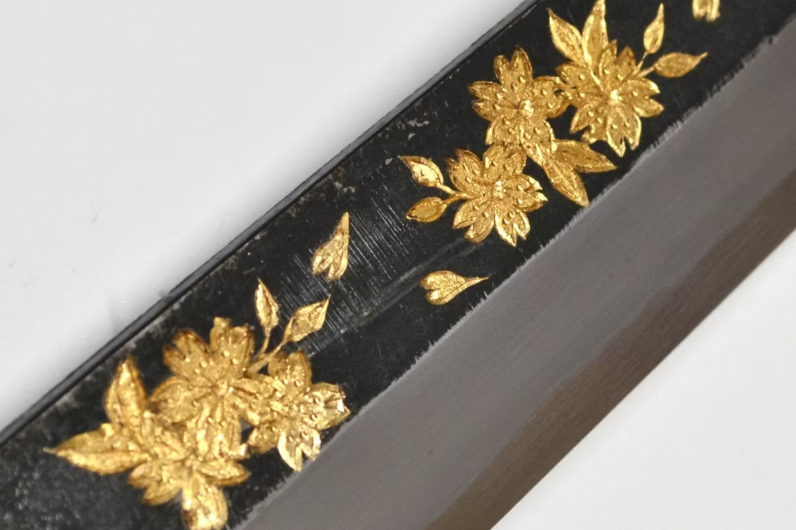 Sakai Takayuki Gold Filled Engraving by Kubota Night Sakura White Steel No.2 Black Finished Yanagiba 270mm Ebony Wood (ferrule: Black Water Buffalo Horn And Silver Ring) Handle