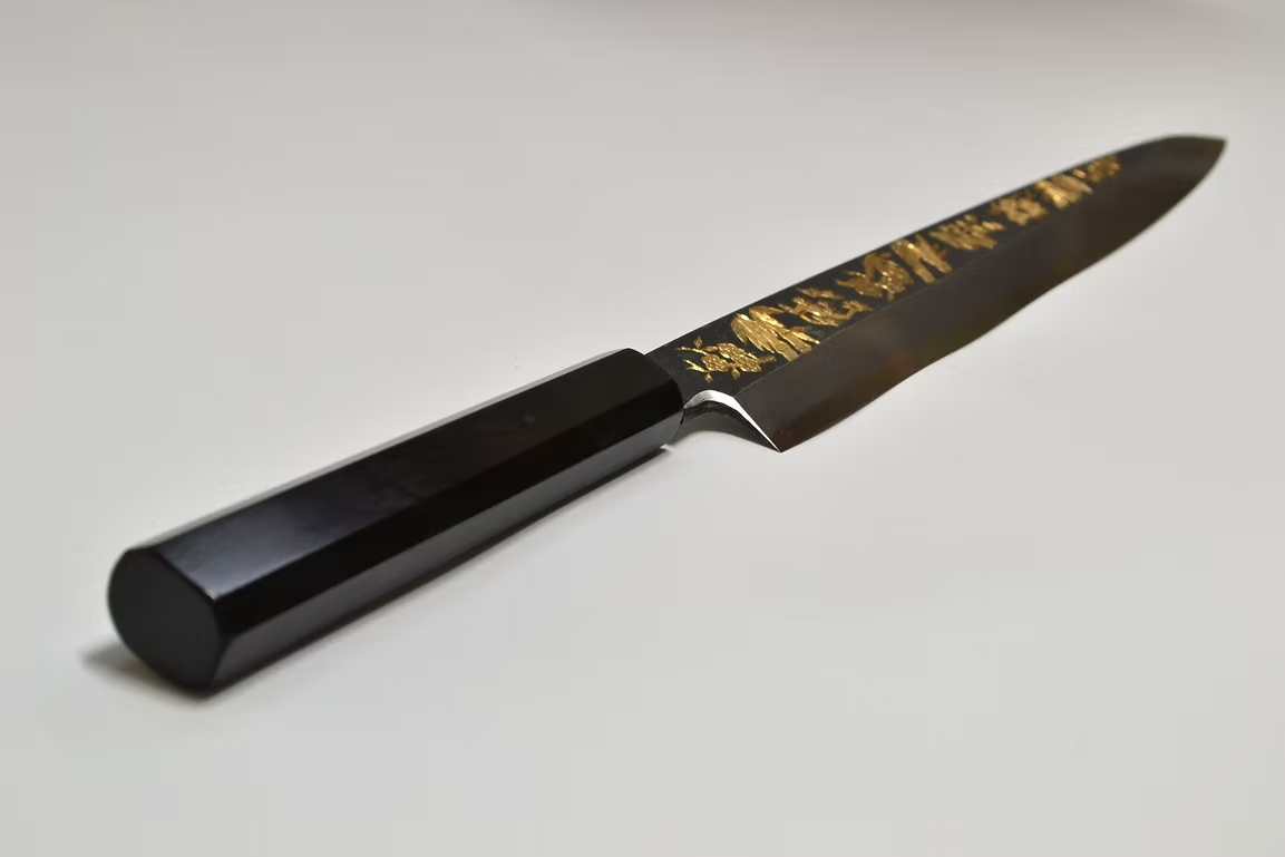 Sakai Takayuki Gold Filled Engraving by Kubota Shou Chiku Bai White Steel No.2 Black Finished Yanagiba 270mm Ebony Wood (ferrule: Black Water Buffalo Horn And Silver Ring) Handle