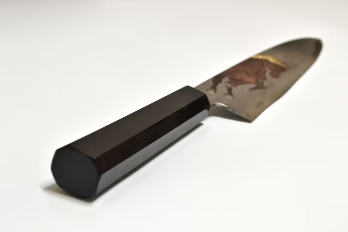 Sakai Takayuki Metal Decorated Engraving by Kubota Prancing Horse Silver Steel No.3 Gyuto 240mm Ebony Wood (ferrule: Black Water Buffalo Horn And Silver Ring) Handle