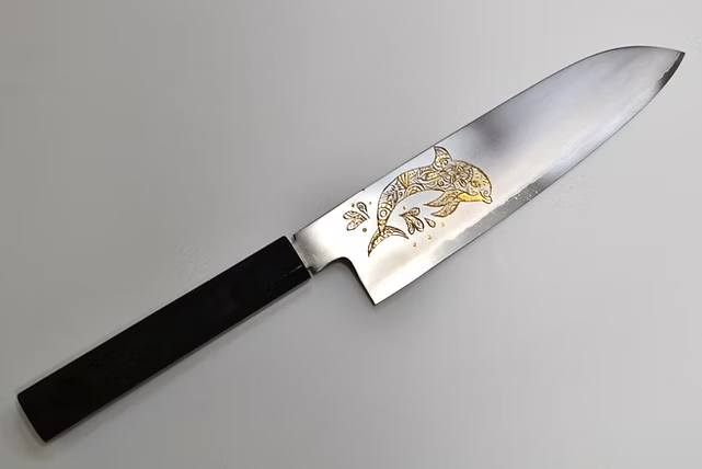 Sakai Takayuki Gold Filled Engraving by Kubota Dolphin Silver Steel No.3 Santoku 180mm Ebony Wood (ferrule: Black Water Buffalo Horn And Silver Ring) Handle