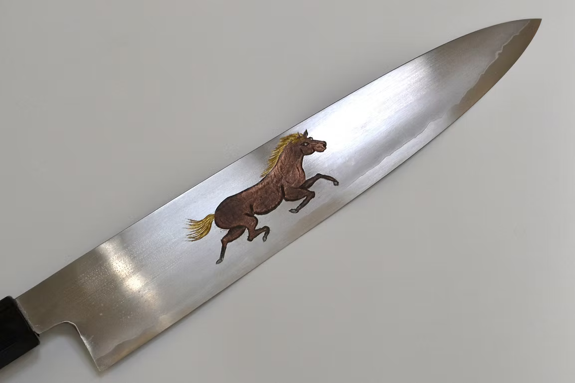 Sakai Takayuki Metal Decorated Engraving by Kubota Galloping Horse Silver Steel No.3 Gyuto 210mm Ebony Wood (ferrule: Black Water Buffalo Horn And Silver Ring) Handle