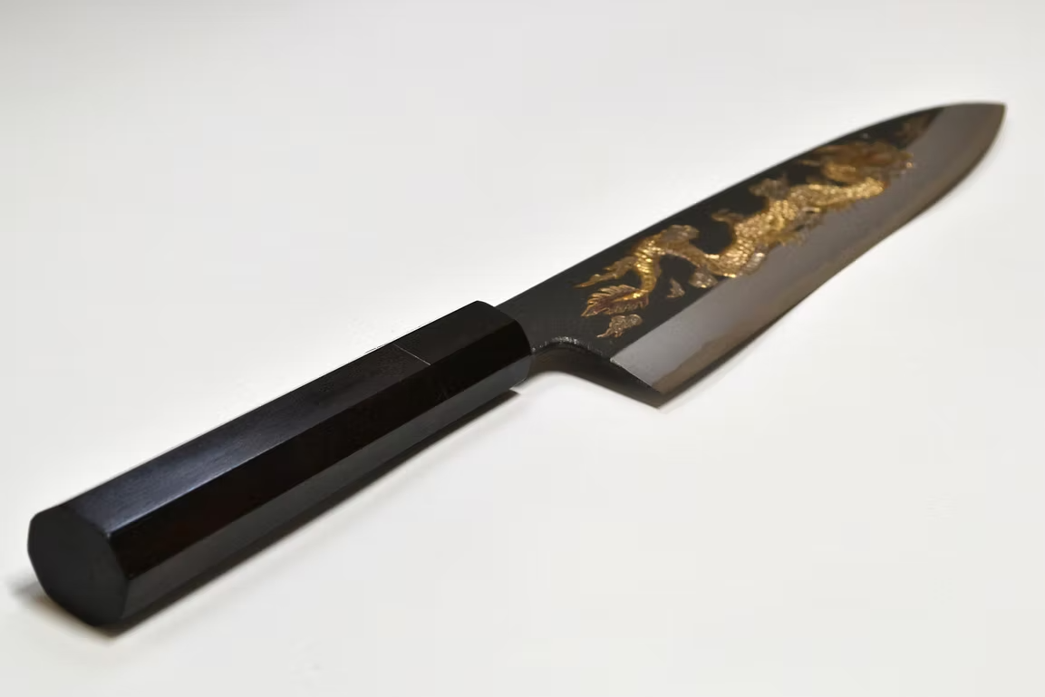Sakai Takayuki Metal Decorated Engraving by Kubota Un ryū White Steel No.2 Black Finished Gyuto 240mm Ebony Wood (ferrule: Black Water Buffalo Horn And Silver Ring) Handle