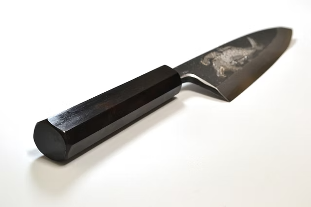 Sakai Takayuki Metal Decorated Engraving by Kubota Crocodile White Steel No.2 Black Finished Deba 165mm Ebony Wood (ferrule: Black Water Buffalo Horn And Silver Ring) Handle