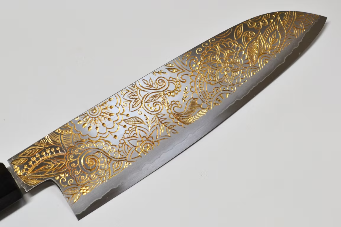 Sakai Takayuki Gold Filled Engraving by Kubota Mandala Silver Steel No.3 Santoku 180mm Ebony Wood (ferrule: Black Water Buffalo Horn And Silver Ring) Handle