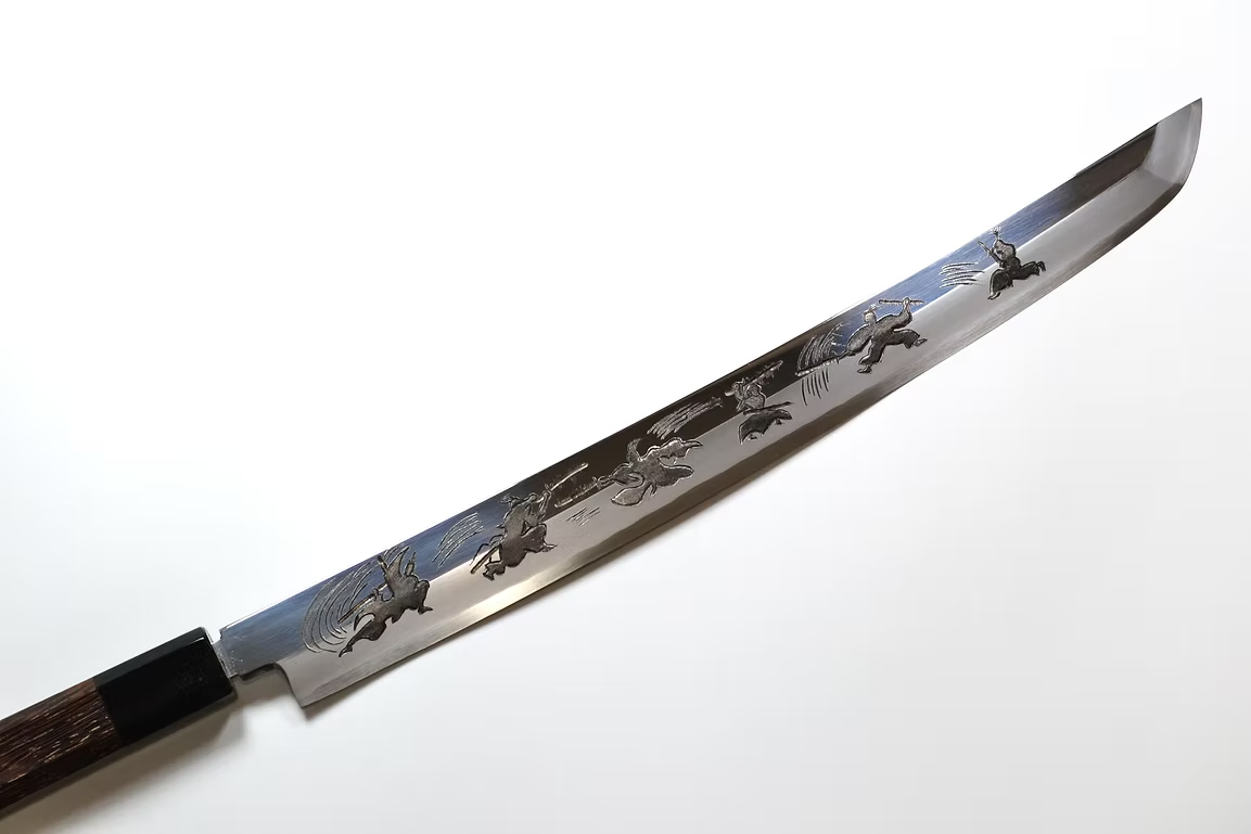Sakai Takayuki Metal Decorated Engraving by Kubota Bushido Silver Steel No.3 Sakimaru Yanagiba 330mm Wenge (ferrule: Black Buffalo Horn) Handle