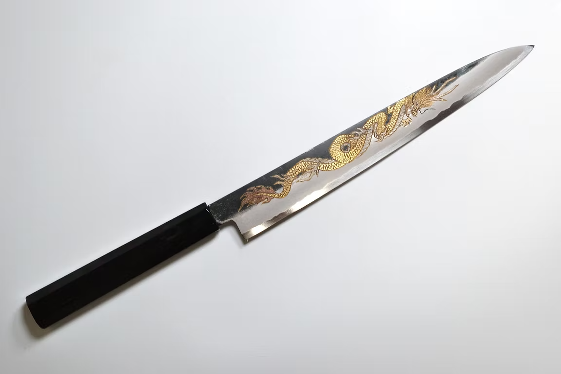 Sakai Takayuki Metal Decorated Engraving by Kubota Ten ryū White Steel No.2 Black Finished Sujihiki 240mm Ebony Wood (ferrule: Black Water Buffalo Horn And Silver Ring) Handle