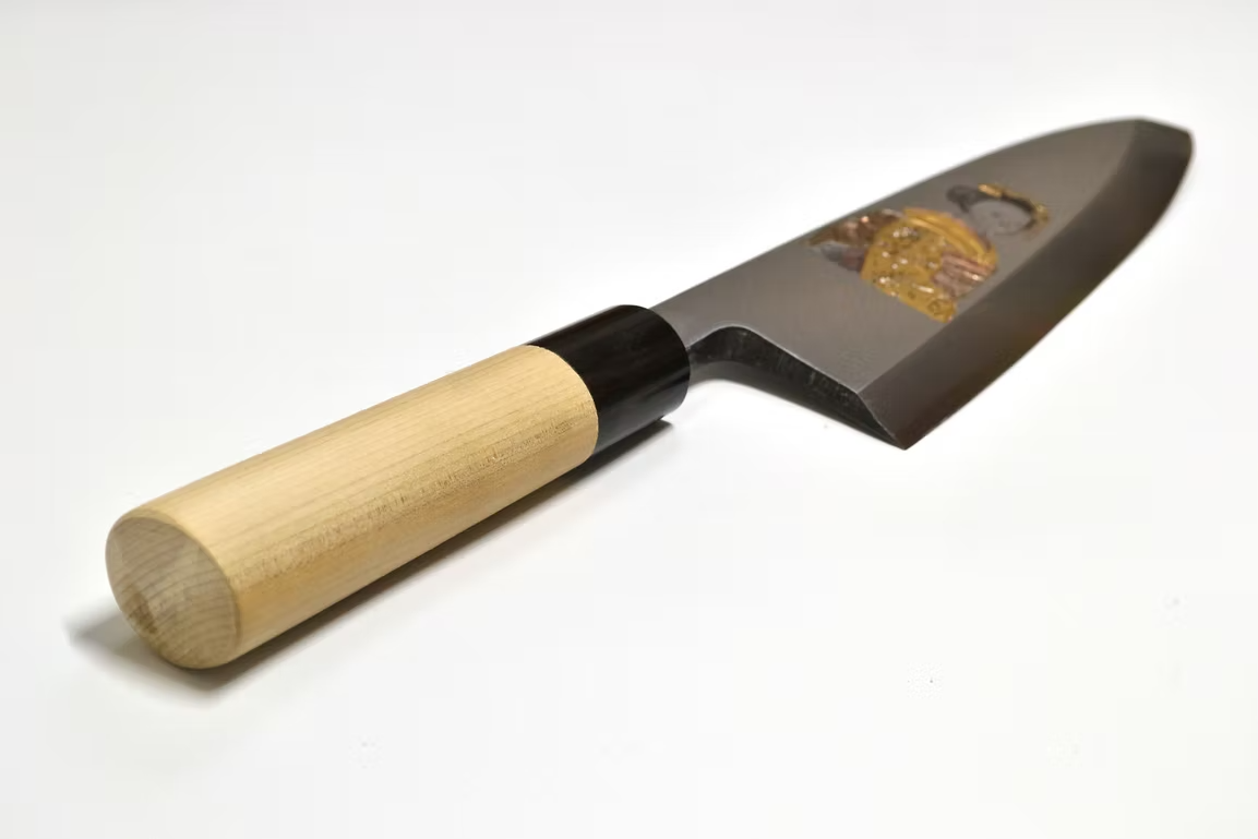 Sakai Takayuki Metal Decorated Engraving by Kubota Geisha White Steel Kasumitogi Deba 240mm Magnolia (Ferrule: Water Buffalo Horn) Handle