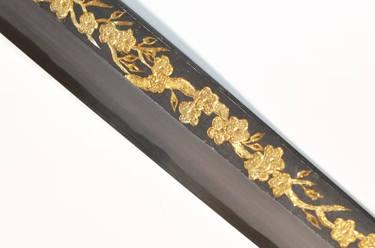 Sakai Takayuki Gold Filled Engraving by Kubota Plum White Steel No.2 Black Finished Yanagiba 270mm Ebony Wood (ferrule: Black Water Buffalo Horn And Silver Ring) Handle