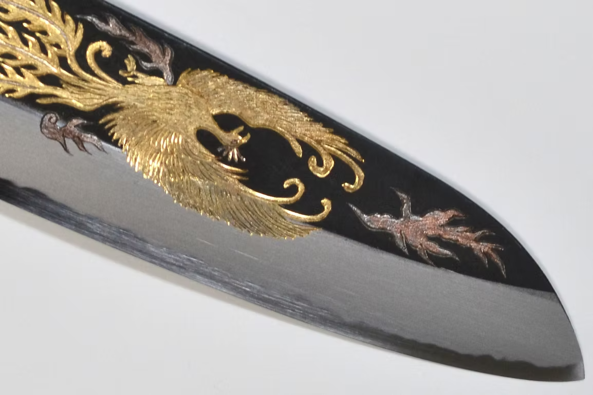 Sakai Takayuki Metal Decorated Engraving by Kubota Phoenix White Steel No.2 Black Finished Santoku 180mm Ebony Wood (ferrule: Black Water Buffalo Horn And Silver Ring) Handle