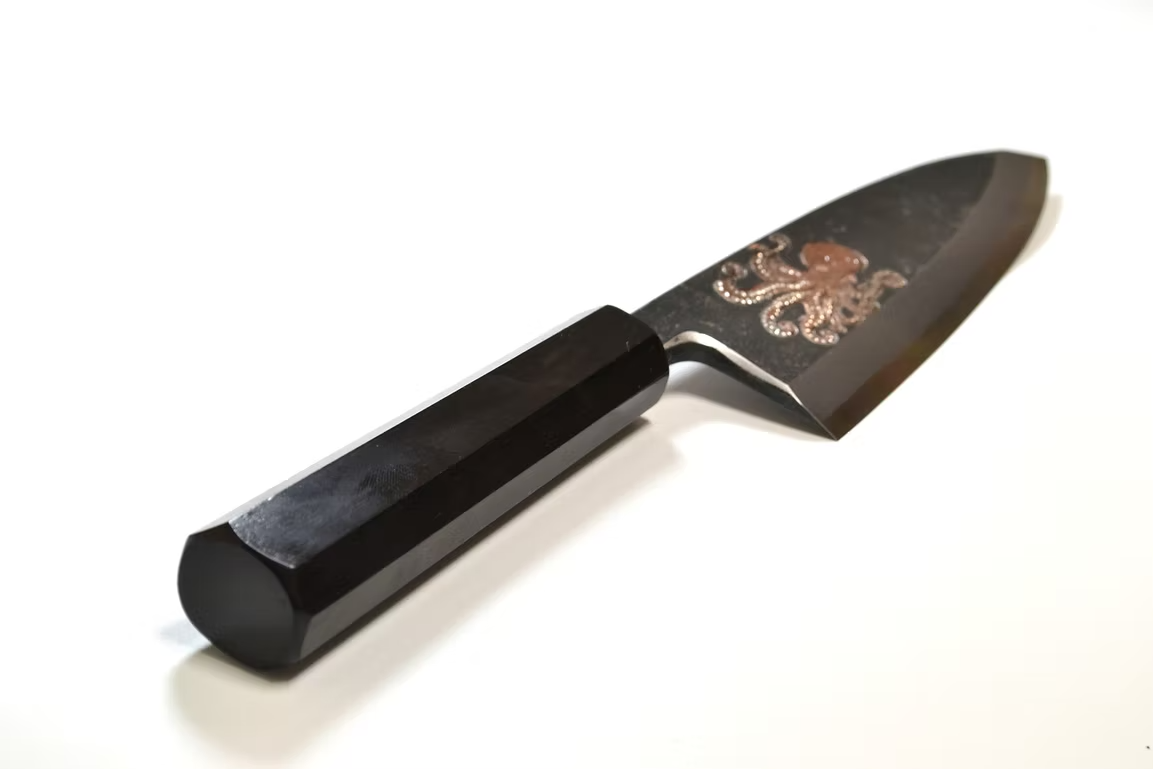 Sakai Takayuki Metal Decorated Engraving by Kubota Octopus White Steel No.2 Black Finished Deba 165mm Ebony Wood (ferrule: Black Water Buffalo Horn And Silver Ring) Handle