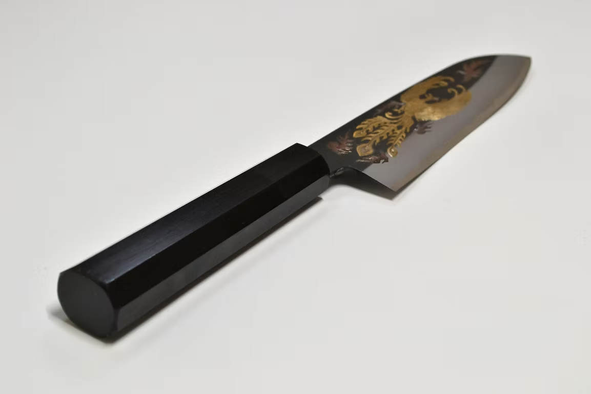 Sakai Takayuki Metal Decorated Engraving by Kubota Phoenix White Steel No.2 Black Finished Santoku 180mm Ebony Wood (ferrule: Black Water Buffalo Horn And Silver Ring) Handle