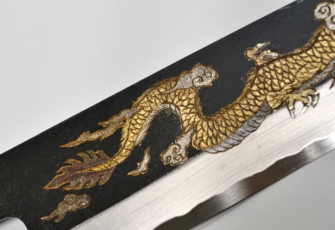 Sakai Takayuki Metal Decorated Engraving by Kubota Un ryū White Steel No.2 Black Finished Gyuto 240mm Ebony Wood (ferrule: Black Water Buffalo Horn And Silver Ring) Handle