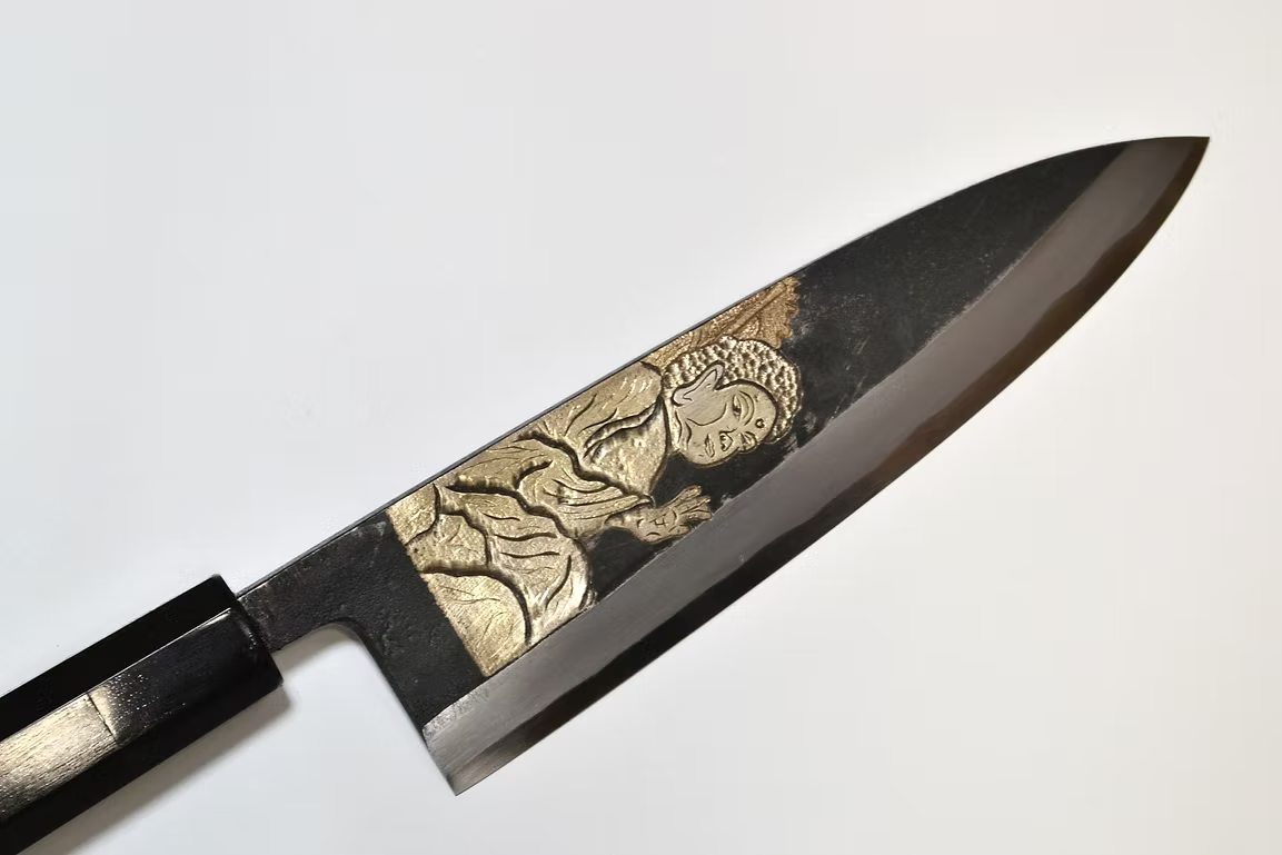 Sakai Takayuki Metal Decorated Engraving by Kubota Buddha White Steel No.2 Black Finished Deba 210mm Ebony Wood (ferrule: Black Water Buffalo Horn And Silver Ring) Handle