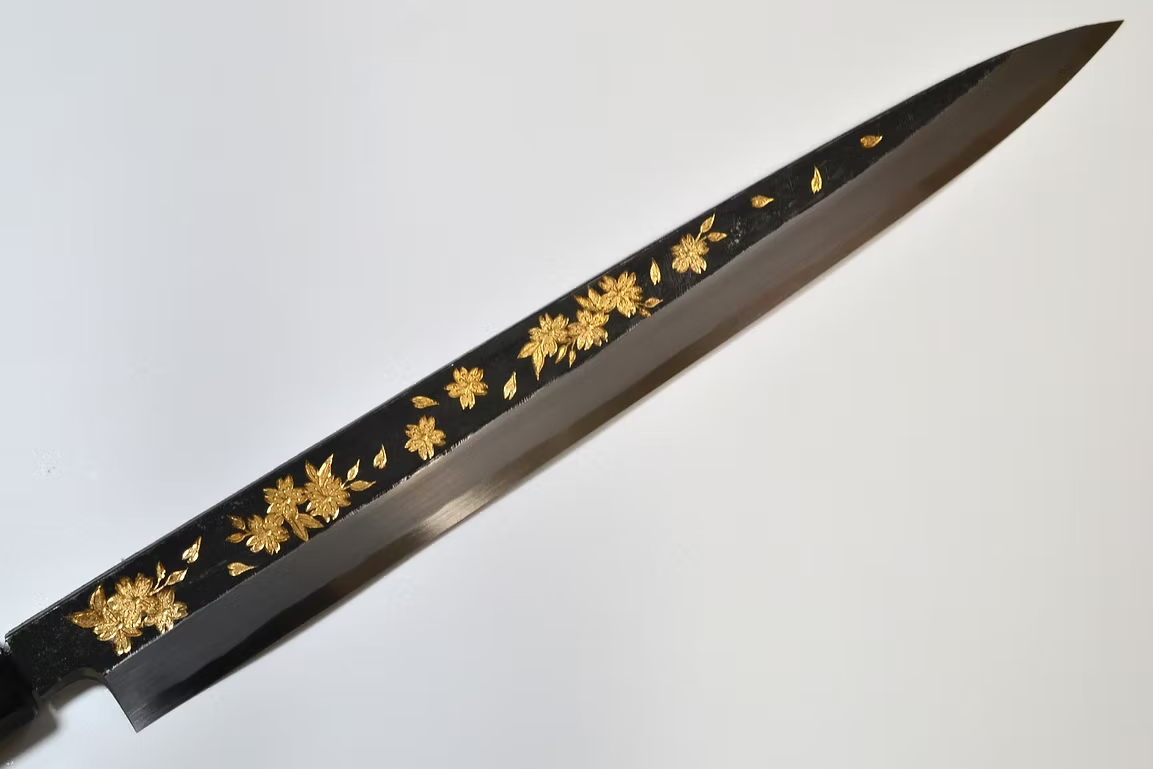 Sakai Takayuki Gold Filled Engraving by Kubota Night Sakura White Steel No.2 Black Finished Yanagiba 270mm Ebony Wood (ferrule: Black Water Buffalo Horn And Silver Ring) Handle