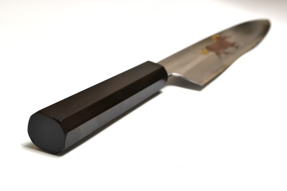 Sakai Takayuki Metal Decorated Engraving by Kubota Galloping Horse Silver Steel No.3 Gyuto 210mm Ebony Wood (ferrule: Black Water Buffalo Horn And Silver Ring) Handle