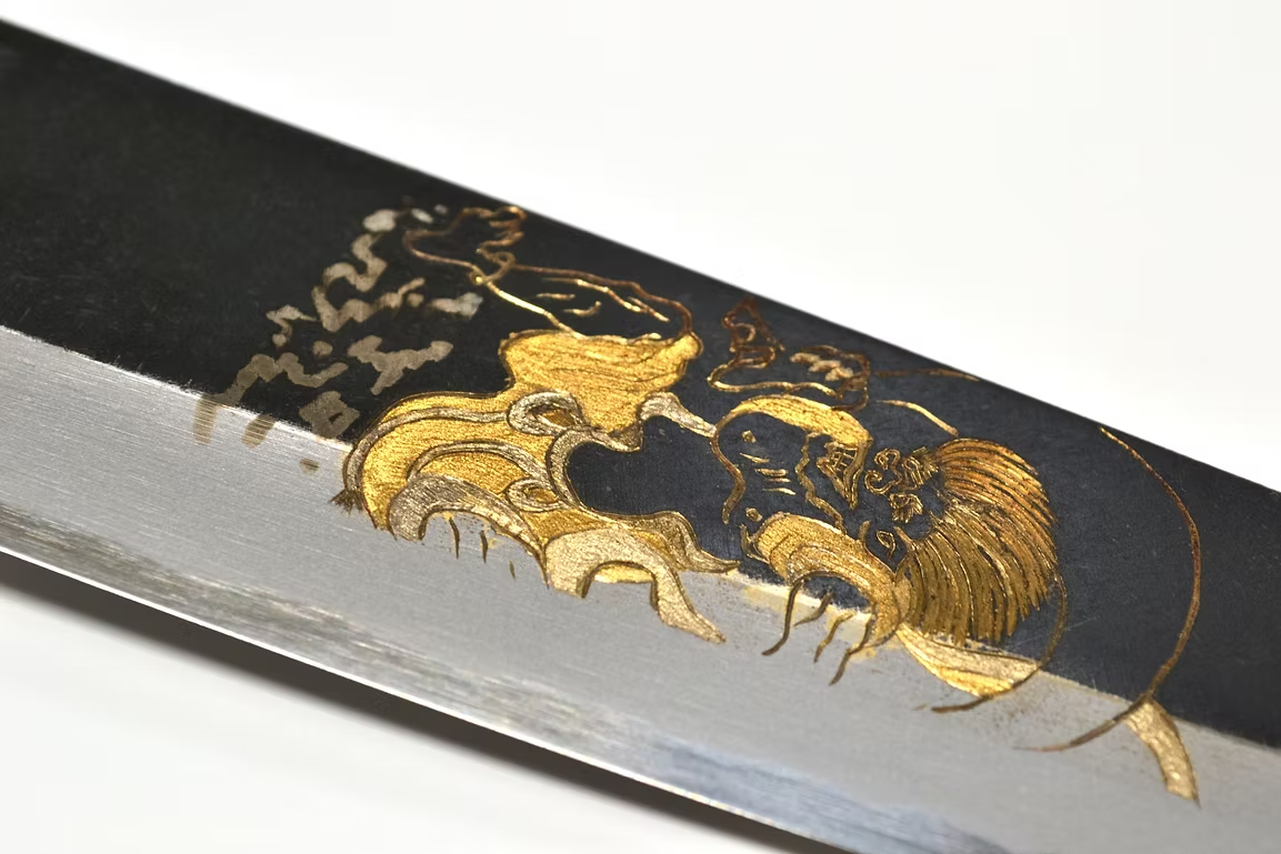 Sakai Takayuki Gold Filled Engraving by Kubota Fūjin White Steel No.2 Black Finished Santoku 180mm Ebony Wood (ferrule: Black Water Buffalo Horn And Silver Ring) Handle
