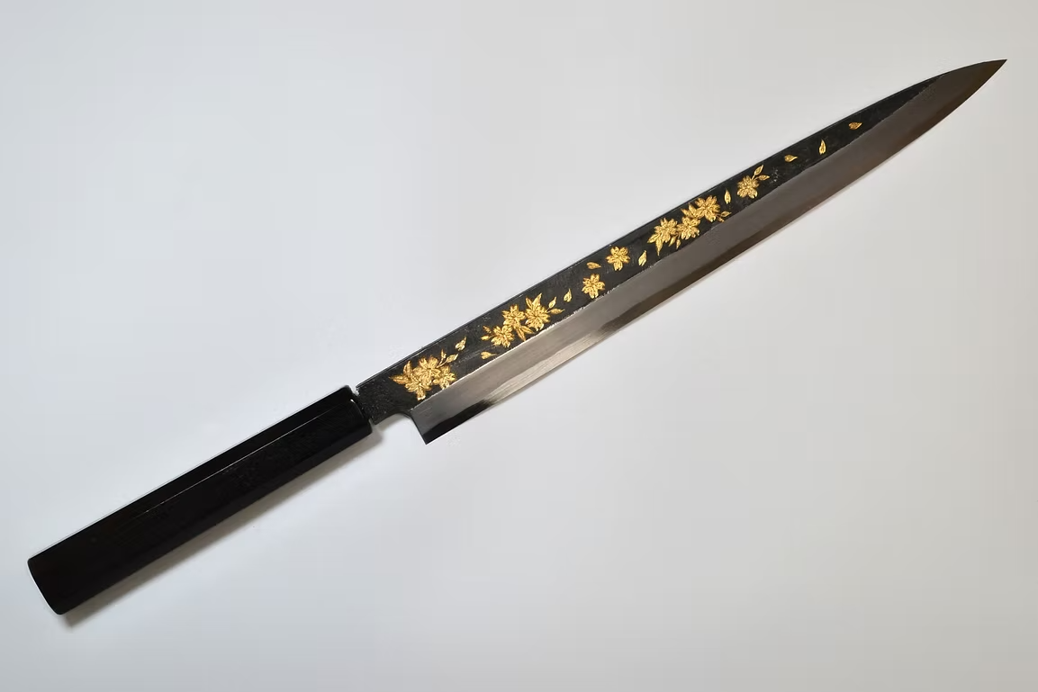 Sakai Takayuki Gold Filled Engraving by Kubota Night Sakura White Steel No.2 Black Finished Yanagiba 270mm Ebony Wood (ferrule: Black Water Buffalo Horn And Silver Ring) Handle