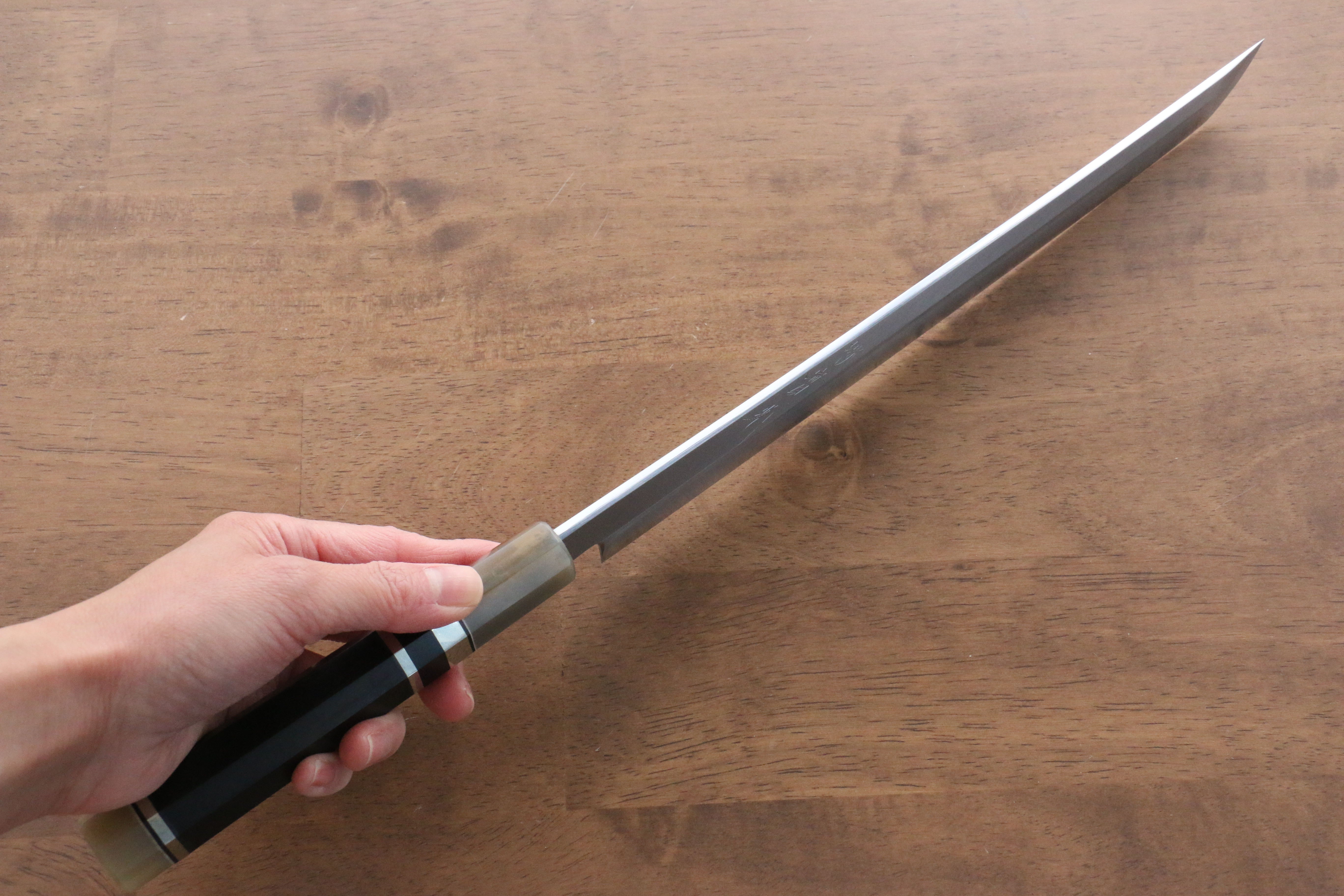 Jikko Shiko White Steel Sakimaru Yanagiba 270mm Ebony with Double Ring Handle - Japanny - Best Japanese Knife