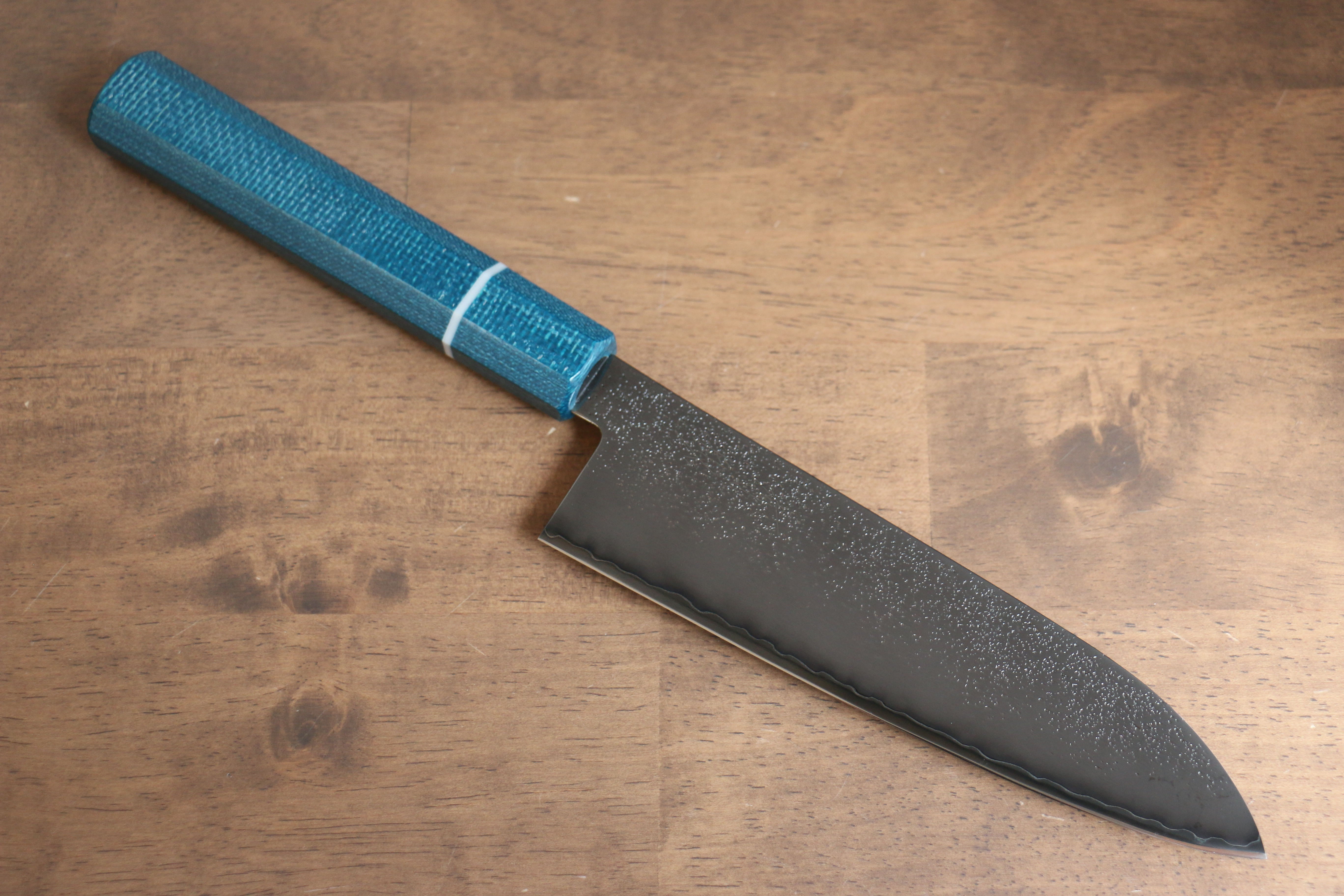 Seisuke VG5 Nashiji black dye Santoku 165mm Blue Canvas Micarta Handle - Japanny - Best Japanese Knife