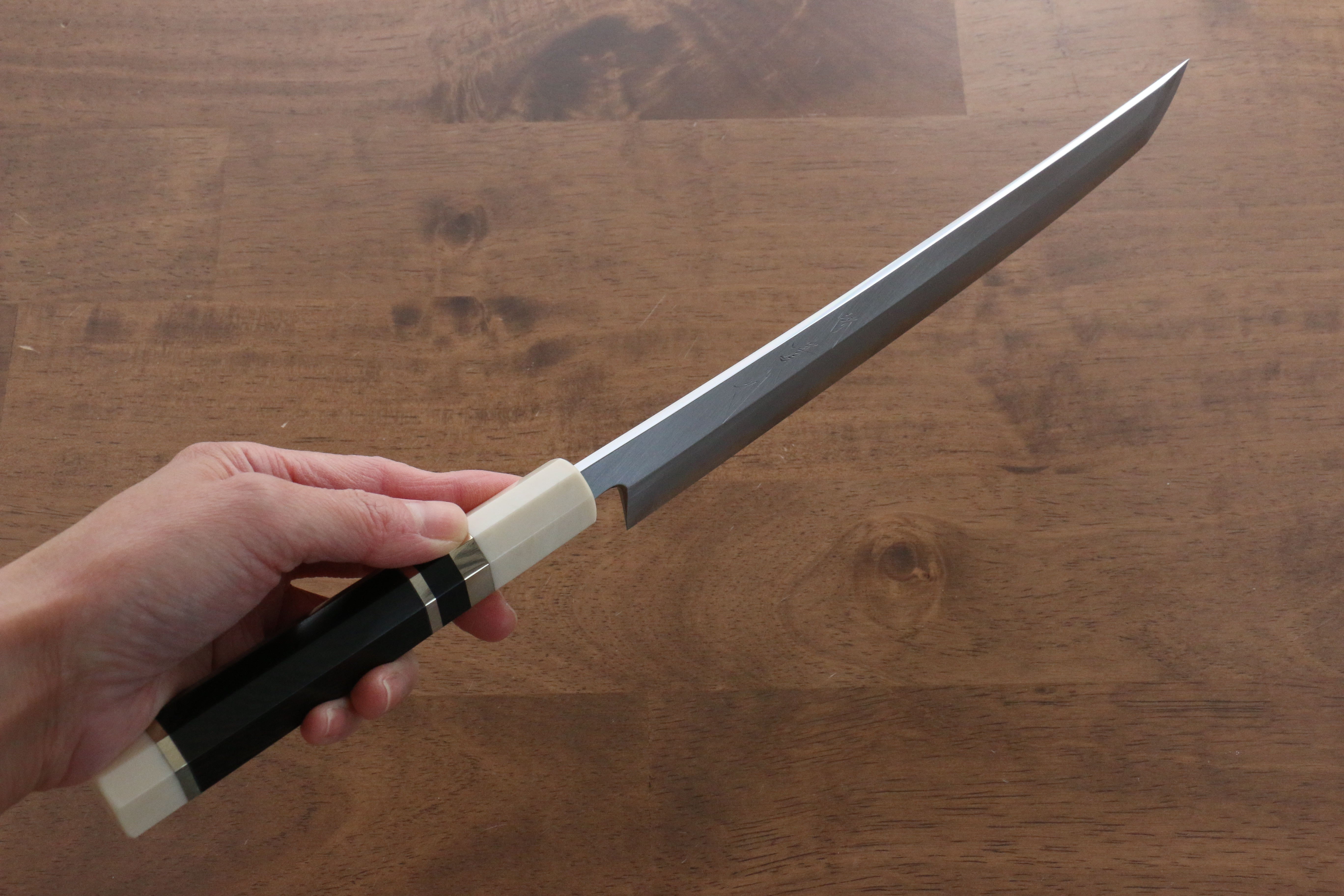 Jikko Shiko Blue Steel Sakimaru Yanagiba 240mm Ebony with Double Ring Handle - Japanny - Best Japanese Knife