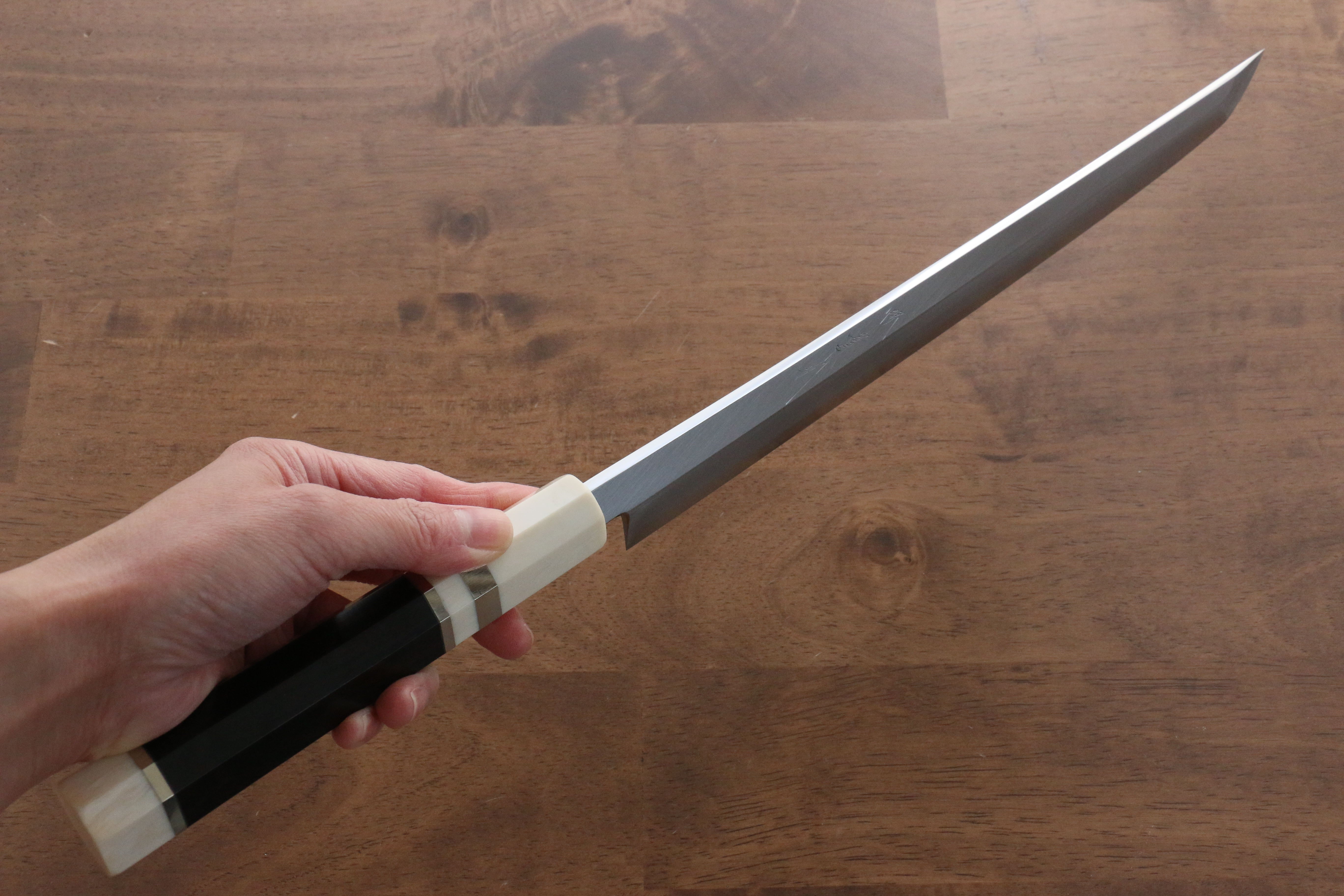 Jikko Shiko Blue Steel Sakimaru Yanagiba 300mm Ebony with Double Ring Handle - Japanny - Best Japanese Knife