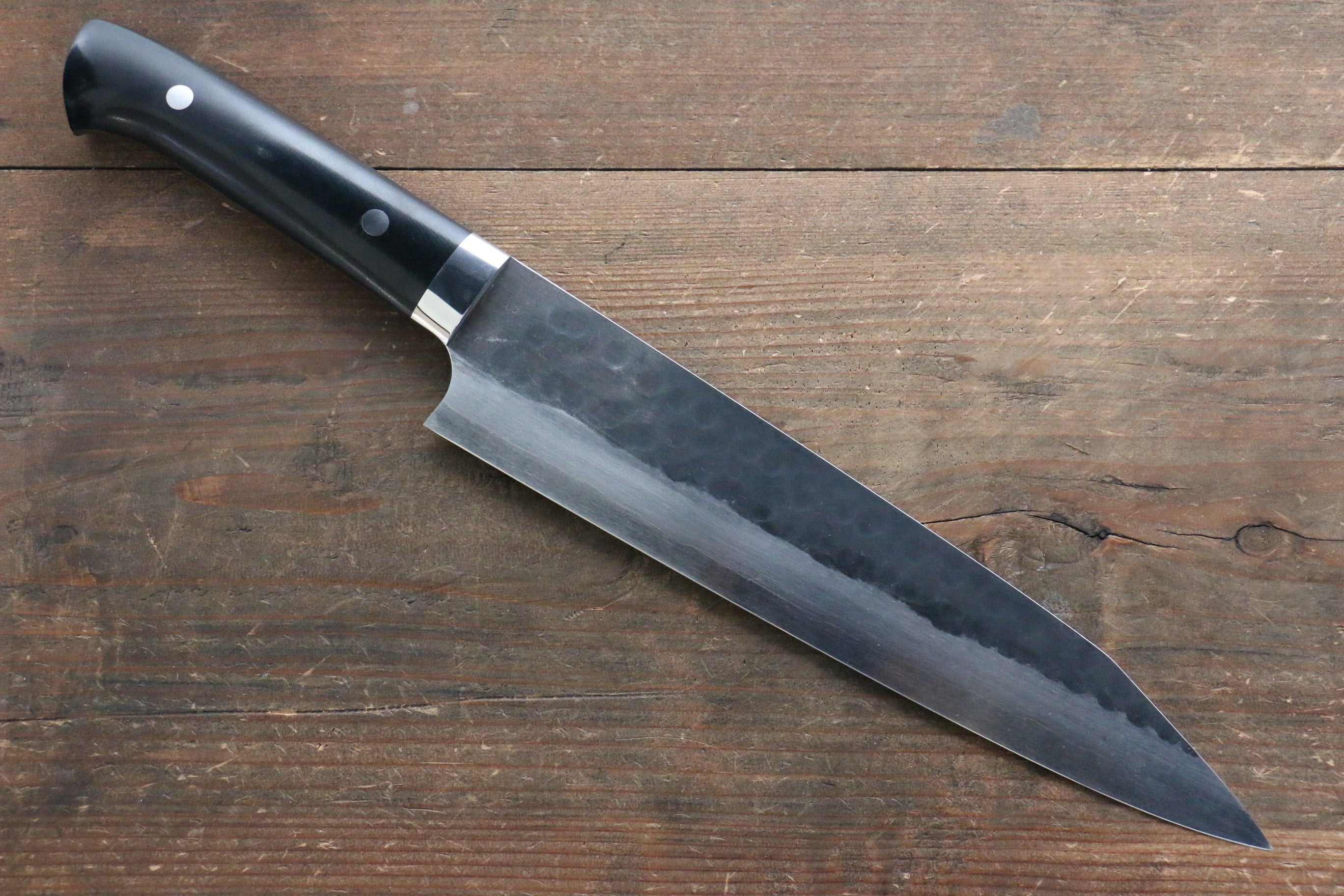 Shungo Ogata Blue Super Hammered Black Finished Gyuto 240mm Black Micarta Handle - Japanny - Best Japanese Knife