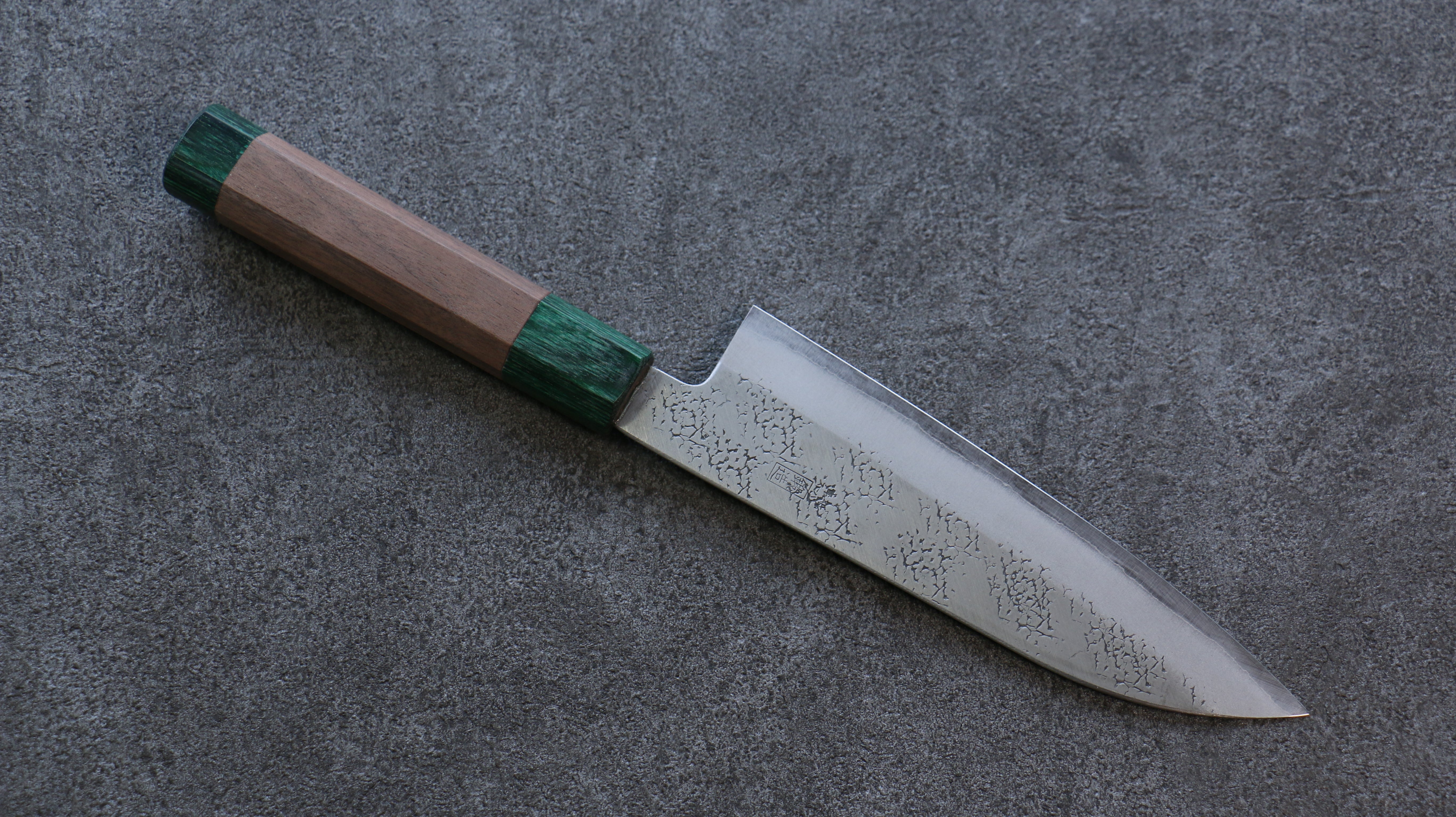 Seisuke Blue Super Hammered Santoku 165mm Walnut (With Double Green Pakka wood) Handle - Japanny - Best Japanese Knife