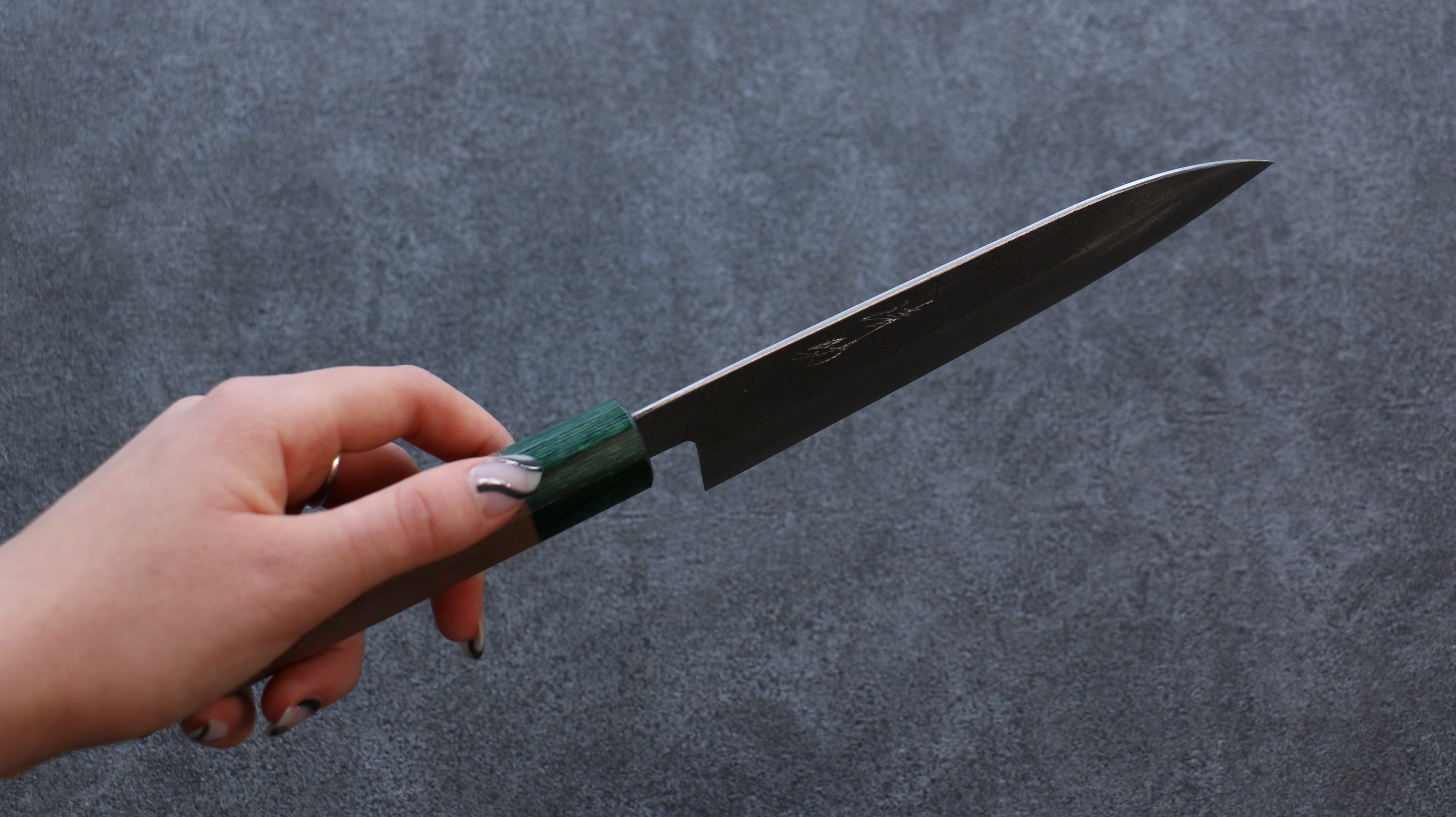 Seisuke Blue Super Hammered Santoku 165mm Walnut (With Double Green Pakka wood) Handle - Japanny - Best Japanese Knife