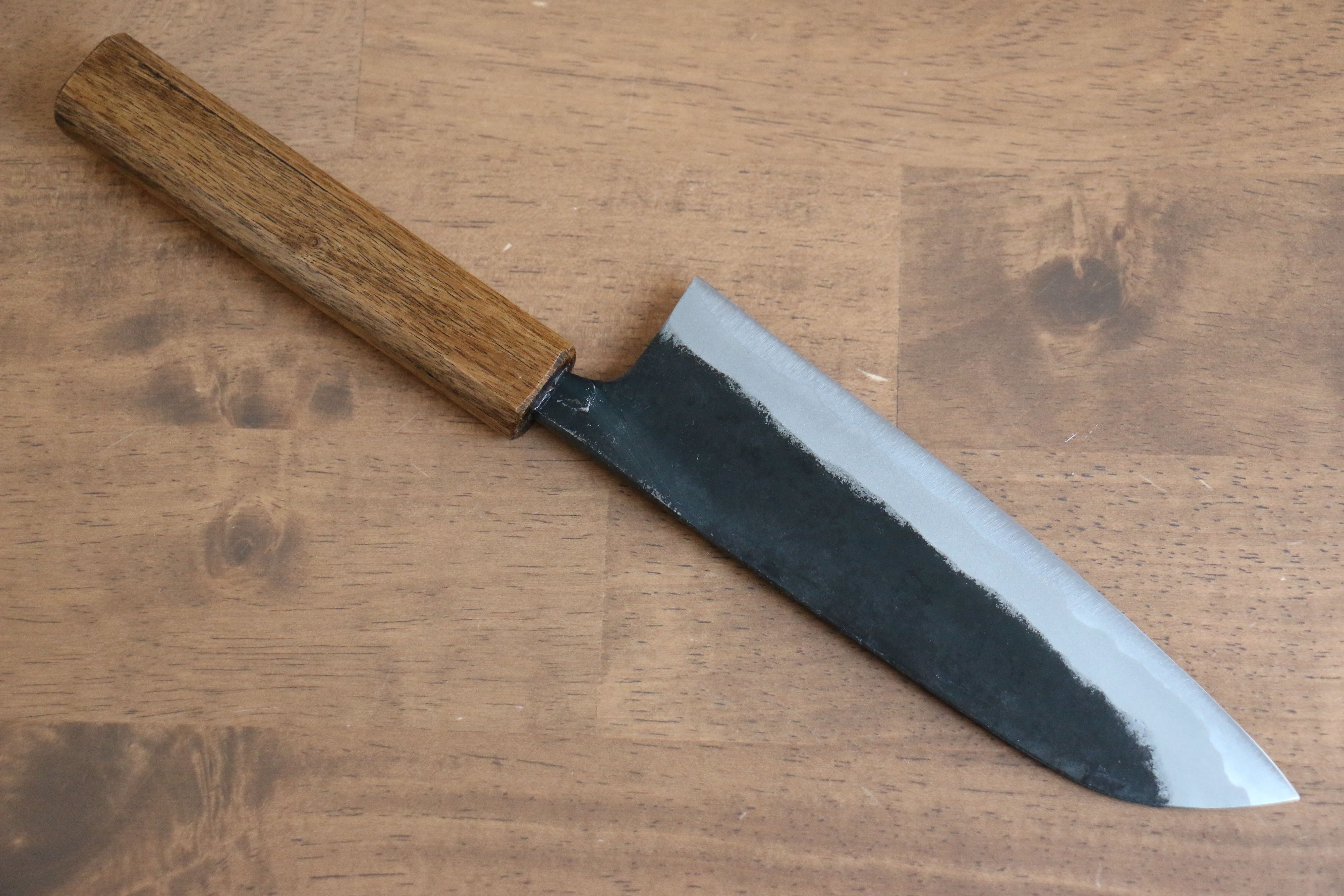Kyohei Shindo Blue Steel Black Finished Santoku 170mm Live oak Lacquered Handle - Japanny - Best Japanese Knife