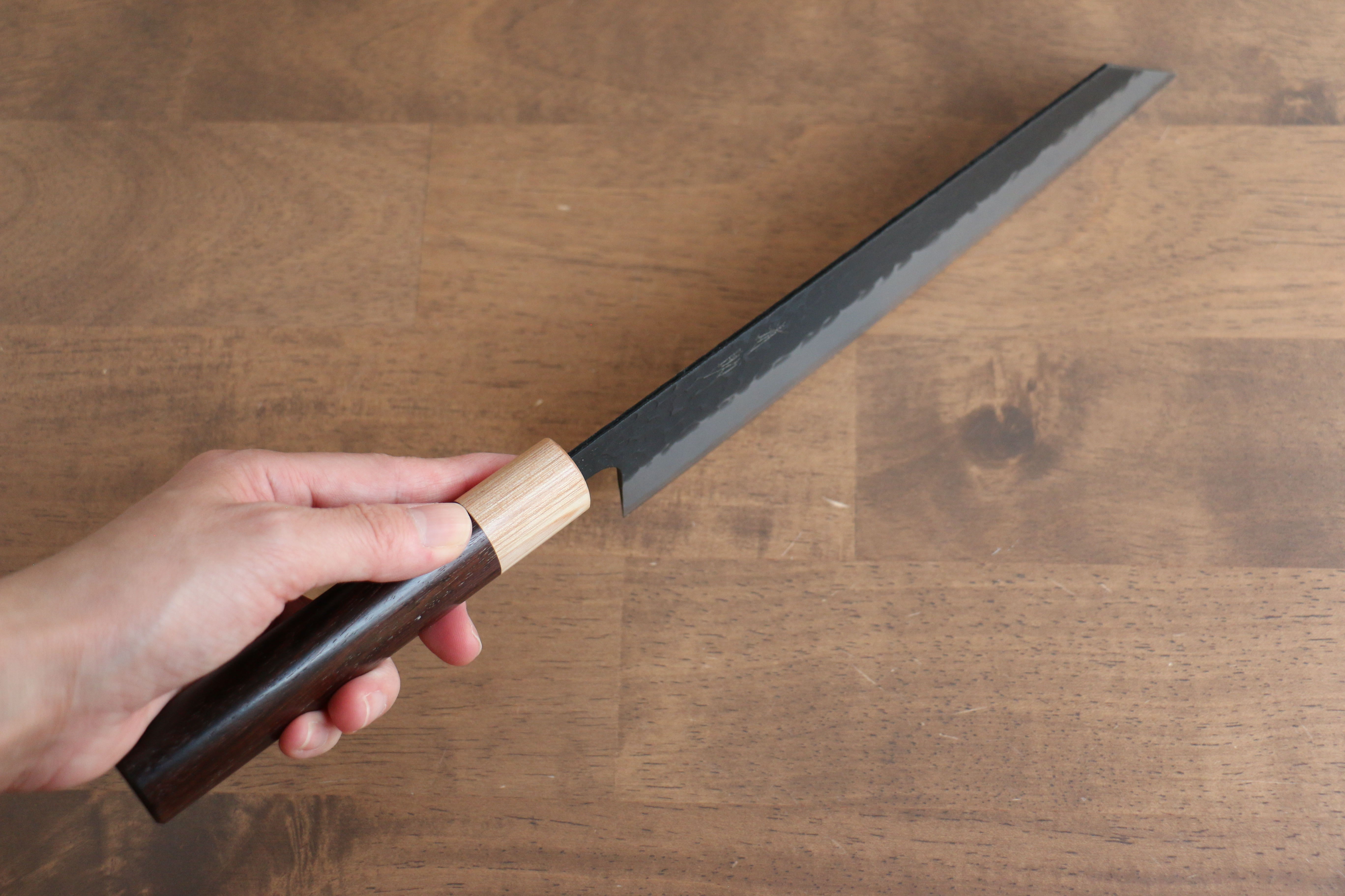 Seisuke Blue Super Hammered Kurouchi Kiritsuke 210mm Rosewood Handle - Japanny - Best Japanese Knife