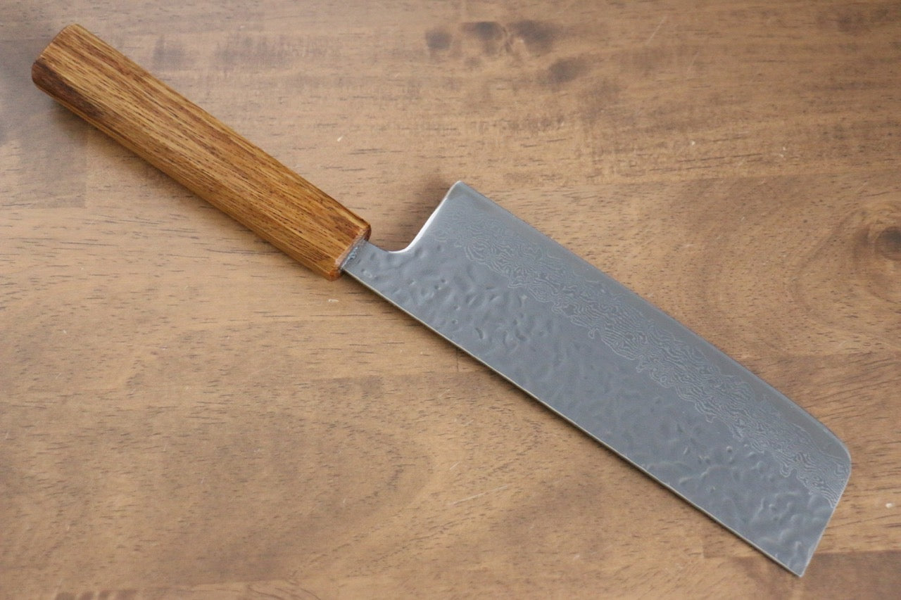 Seisuke Tsukikage AUS10 Migaki Finished Hammered Damascus Nakiri 170mm Oak Handle - Japanny - Best Japanese Knife
