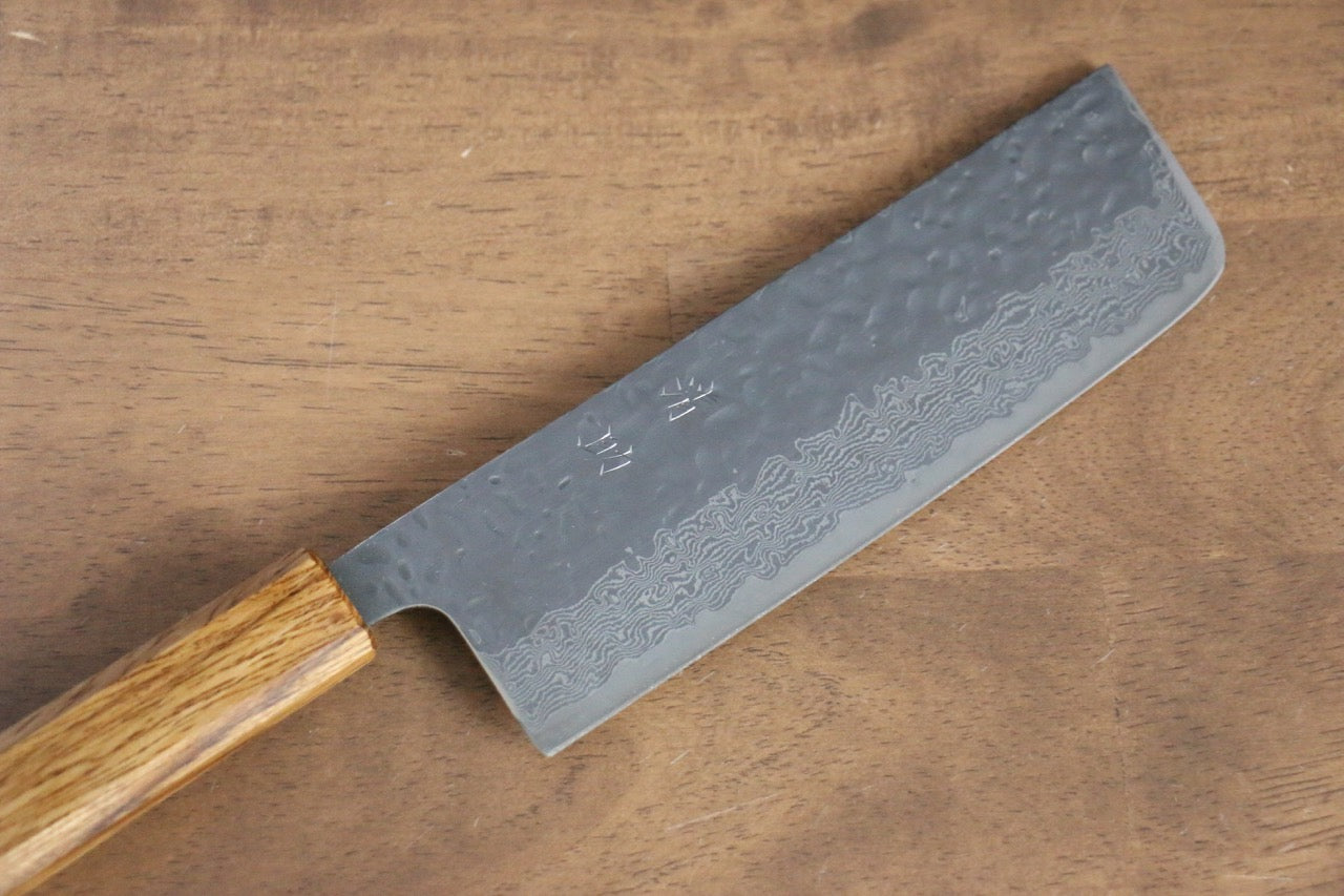 Seisuke Tsukikage AUS10 Migaki Finished Hammered Damascus Nakiri 170mm Oak Handle - Japanny - Best Japanese Knife