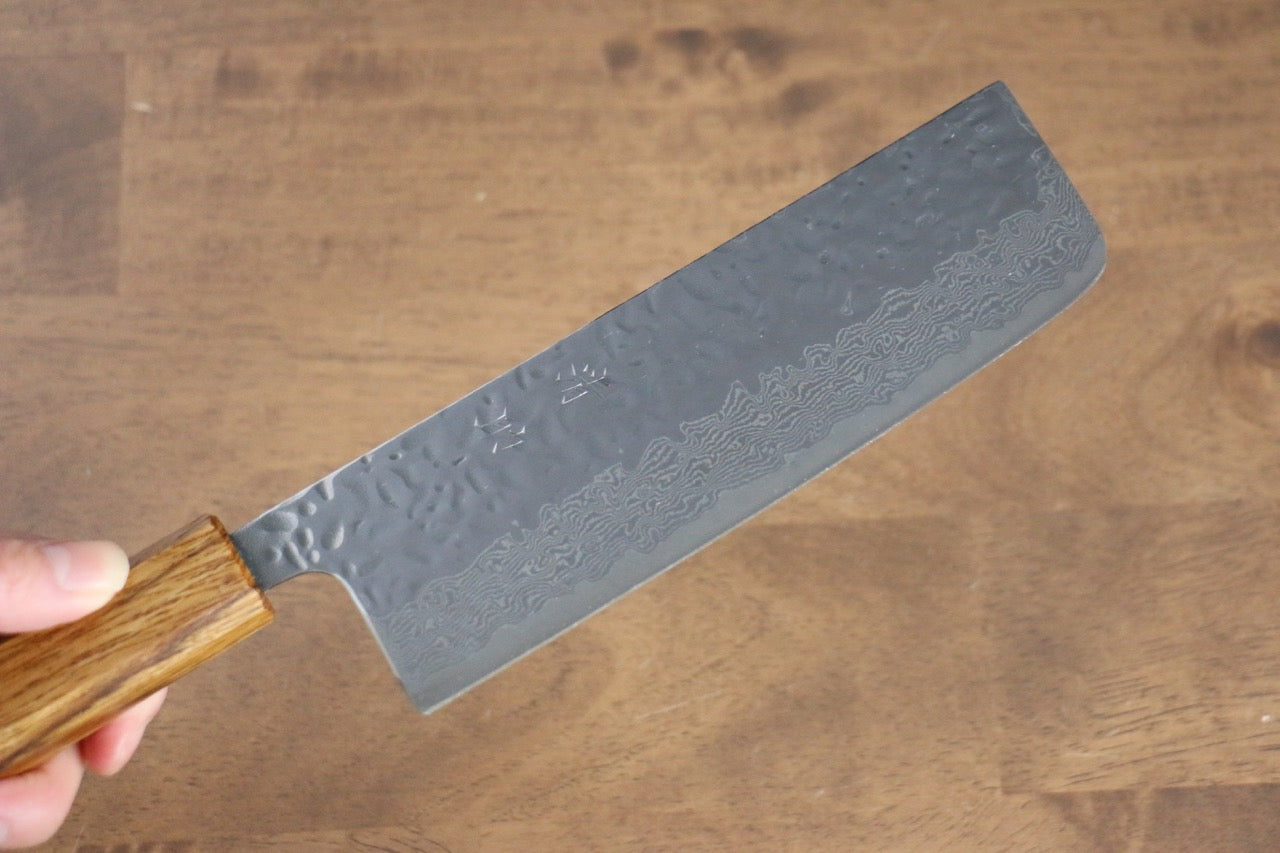 Seisuke Tsukikage AUS10 Migaki Finished Hammered Damascus Nakiri 170mm Oak Handle - Japanny - Best Japanese Knife