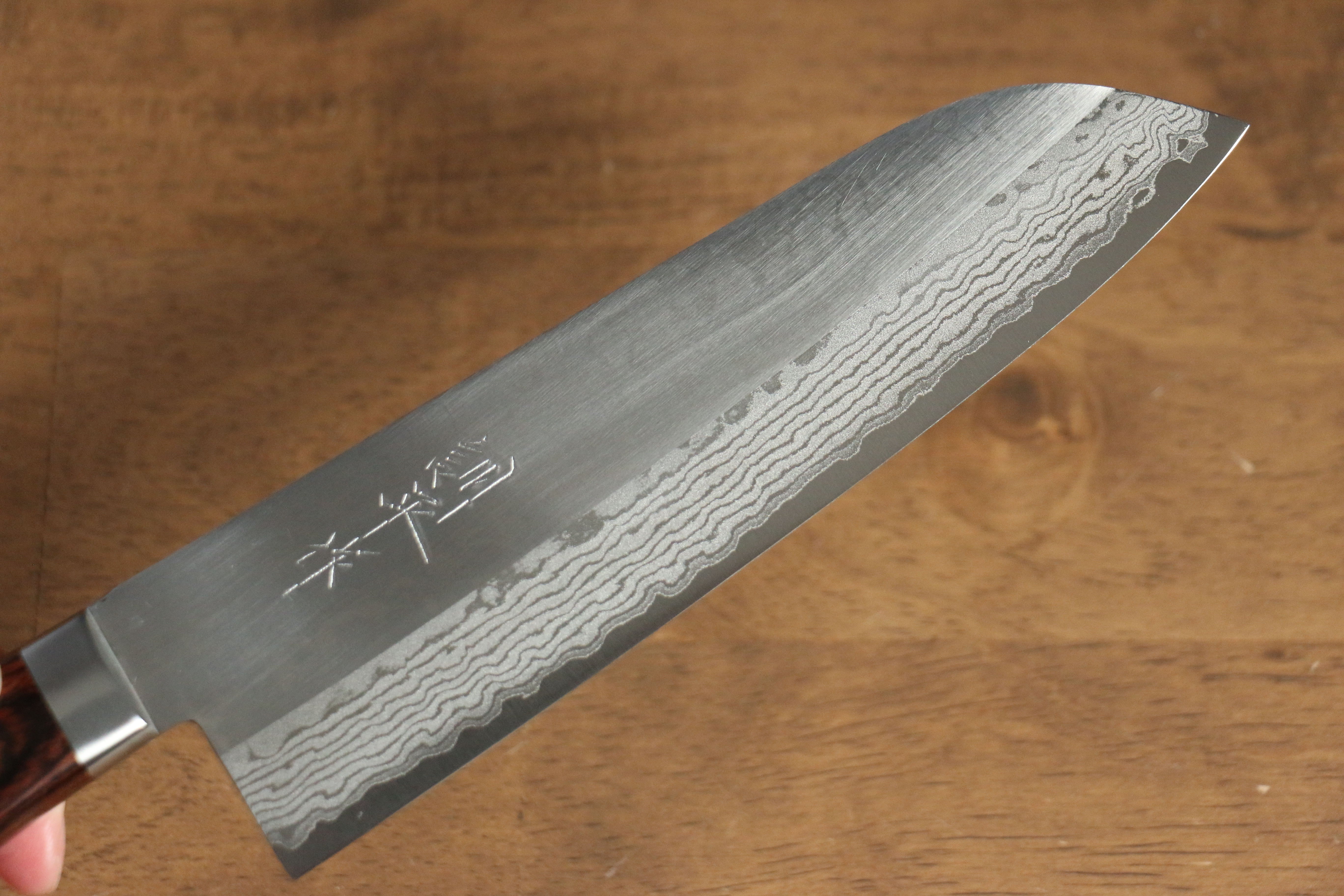 Kunihira Sairyu VG10 Migaki Finished Damascus Santoku 170mm Mahogany Handle - Japanny - Best Japanese Knife