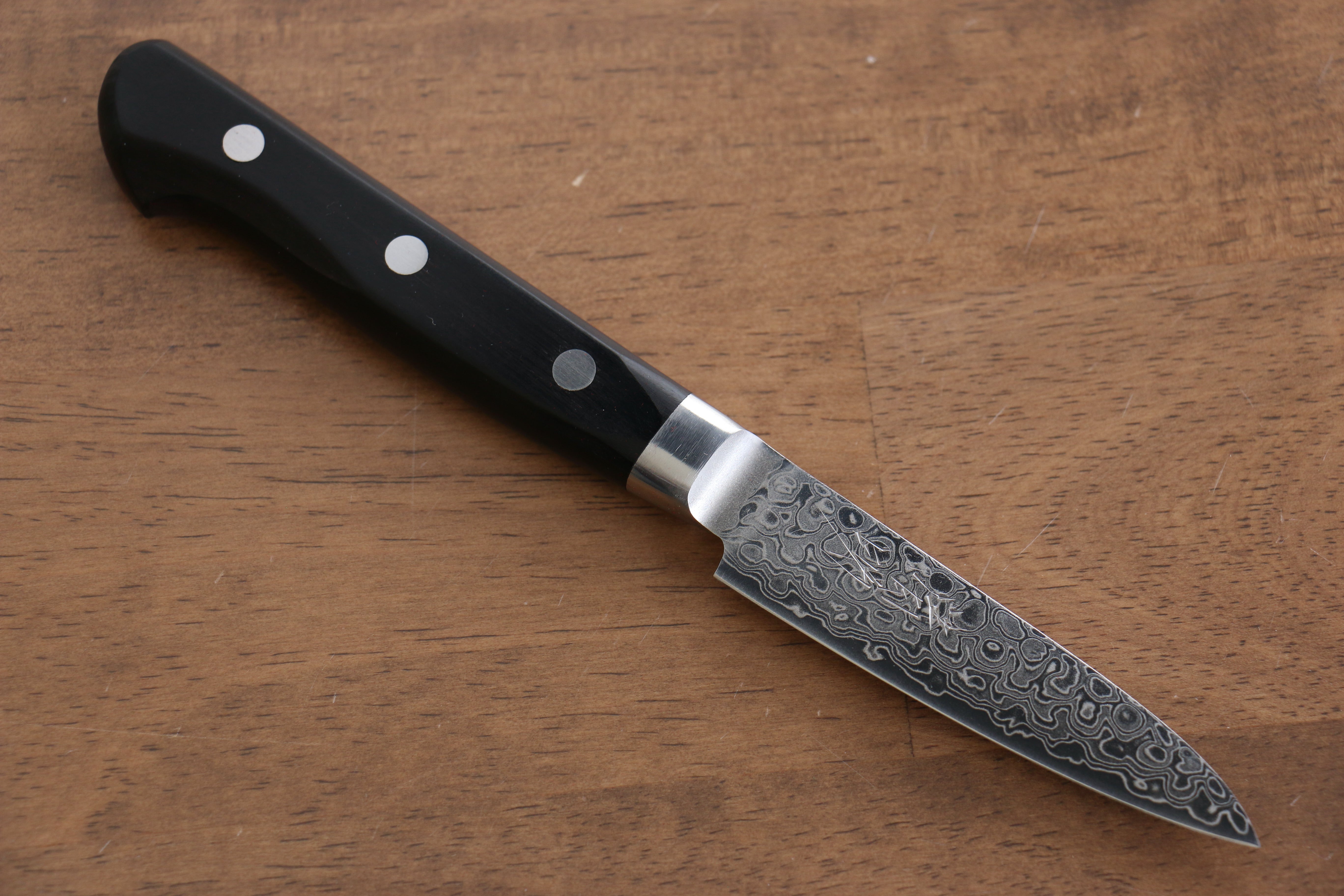Seisuke AUS10 45 Layer Mirrored Finish Damascus Petty-Utility 80mm Black Pakka wood Handle - Japanny - Best Japanese Knife