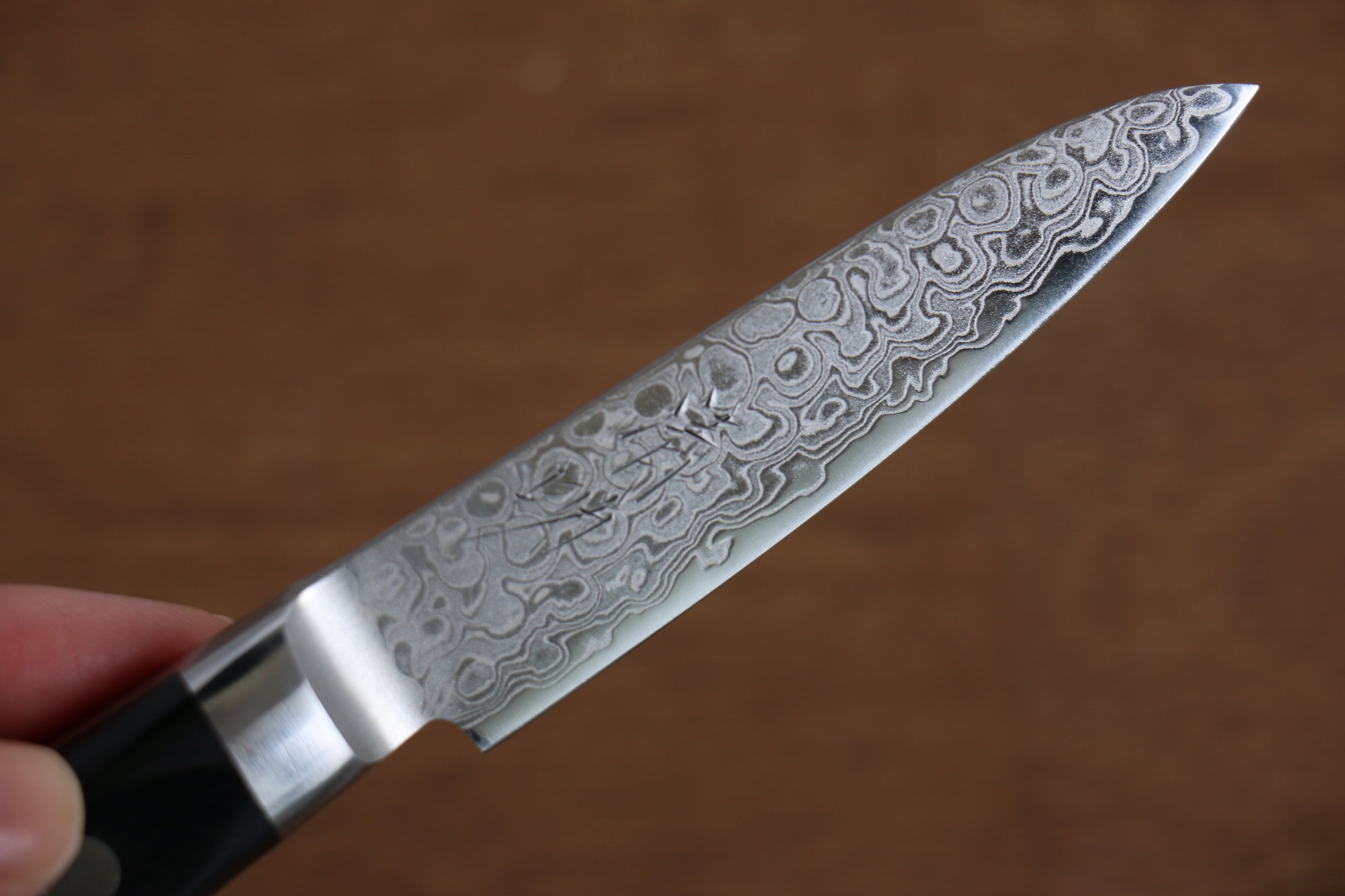 Seisuke AUS10 45 Layer Mirrored Finish Damascus Petty-Utility 80mm Black Pakka wood Handle - Japanny - Best Japanese Knife