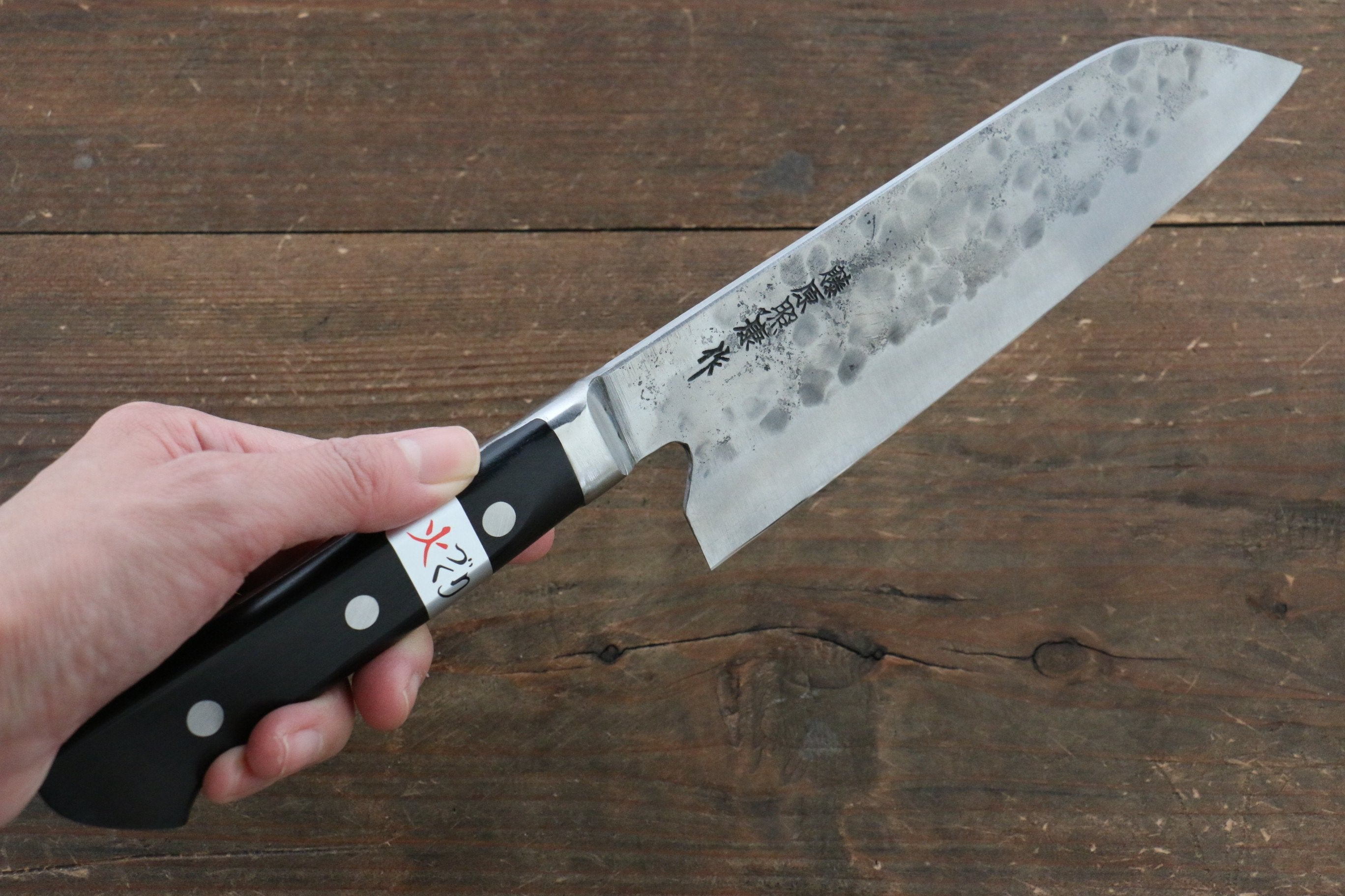 Fujiwara Teruyasu Fujiwara Teruyasu Maboroshi White Steel No.1 Nashiji Hammered Santoku 180mm with Black Pakka wood Handle - Japanny - Best Japanese Knife
