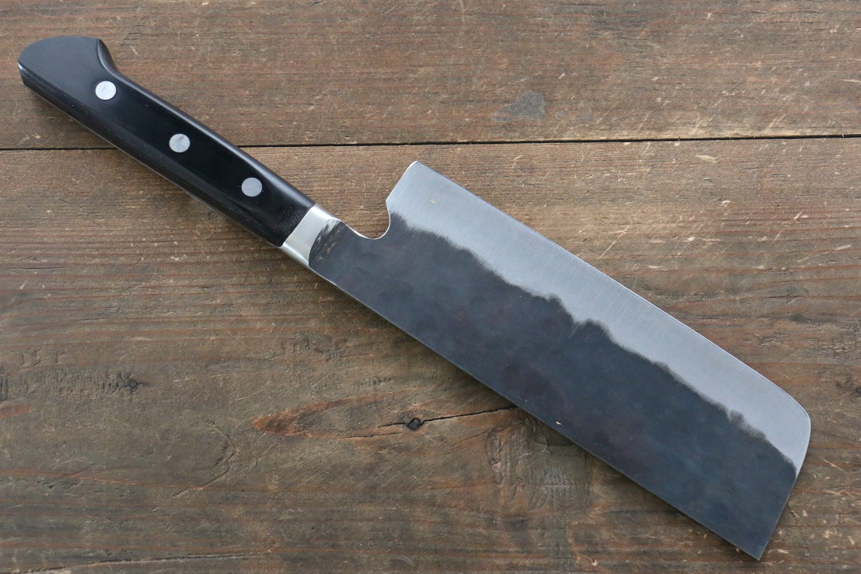 Fujiwara Teruyasu Fujiwara Teruyasu Denka Blue Super Black Finished Nakiri 165mm with Black Pakka wood Handle - Japanny - Best Japanese Knife