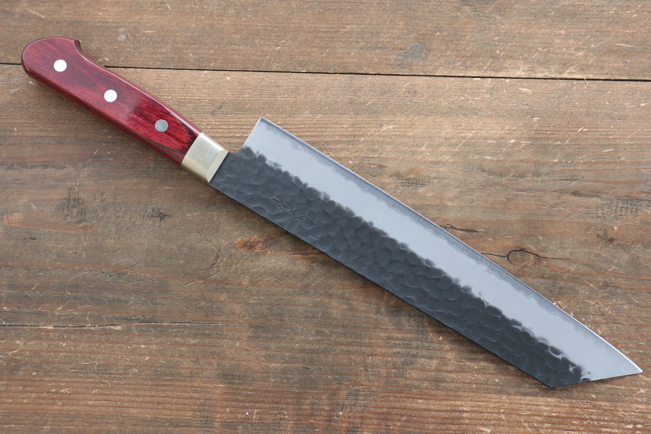 Seisuke Kurobeni Blue Super Hammered Kurouchi Kiritsuke Gyuto 240mm Red Pakka wood Handle - Japanny - Best Japanese Knife