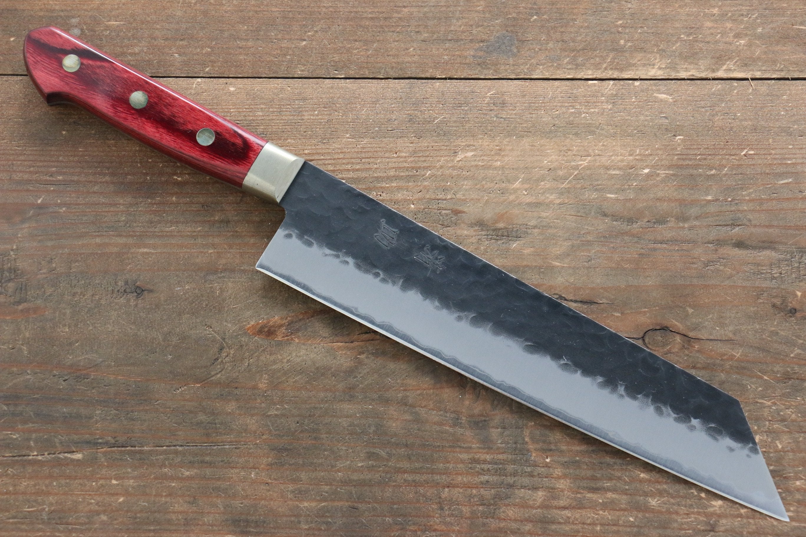 Seisuke Kurobeni Blue Super Hammered Kurouchi Kiritsuke Gyuto 210mm Red Pakka wood Handle - Japanny - Best Japanese Knife