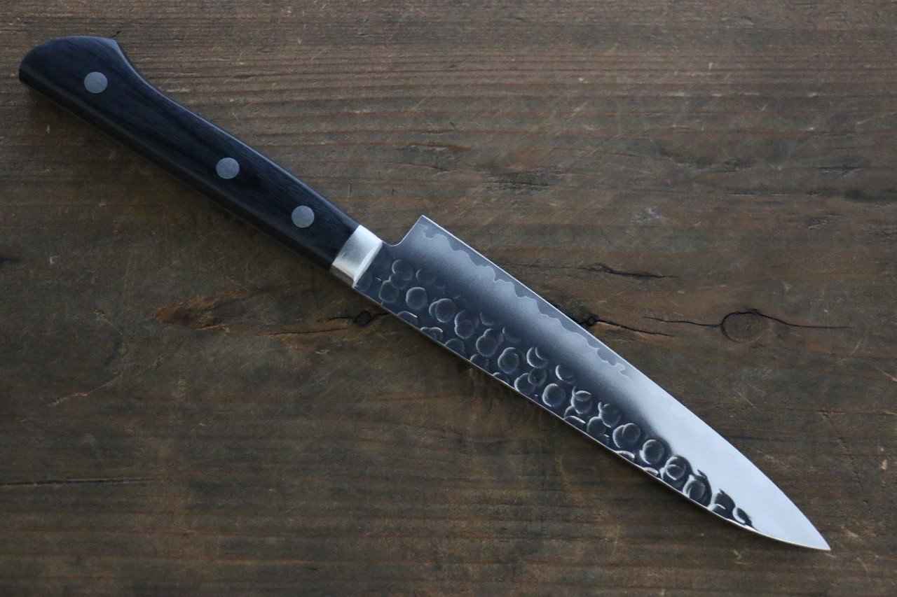 Seisuke VG1 Hammered Migaki Finished Petty-Utility 135mm Black Pakka wood Handle - Japanny - Best Japanese Knife