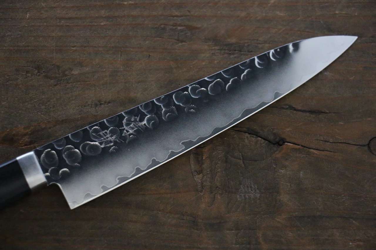 Seisuke VG1 Hammered Migaki Finished Petty-Utility 135mm Black Pakka wood Handle - Japanny - Best Japanese Knife