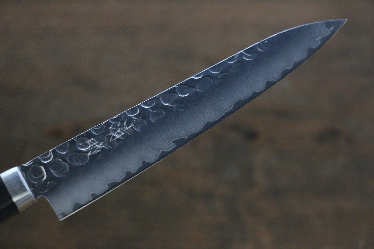 Seisuke VG1 Hammered Migaki Finished Petty-Utility 135mm Black Pakka wood Handle - Japanny - Best Japanese Knife